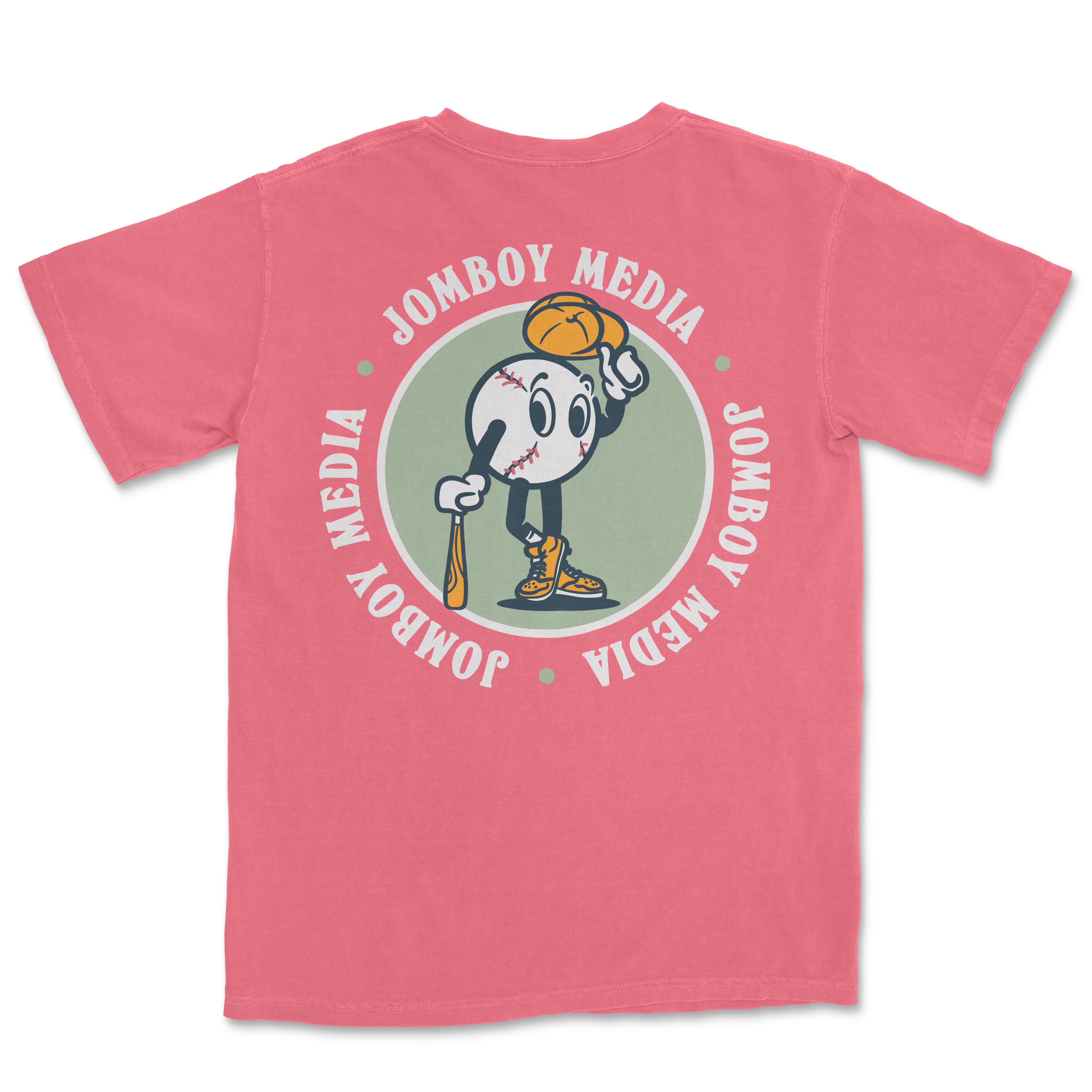 Back of pink T-shirt featuring JomBall mascot holding a baseball glove and bat, surrounded by "JomBoy Media" text in a circular pattern.