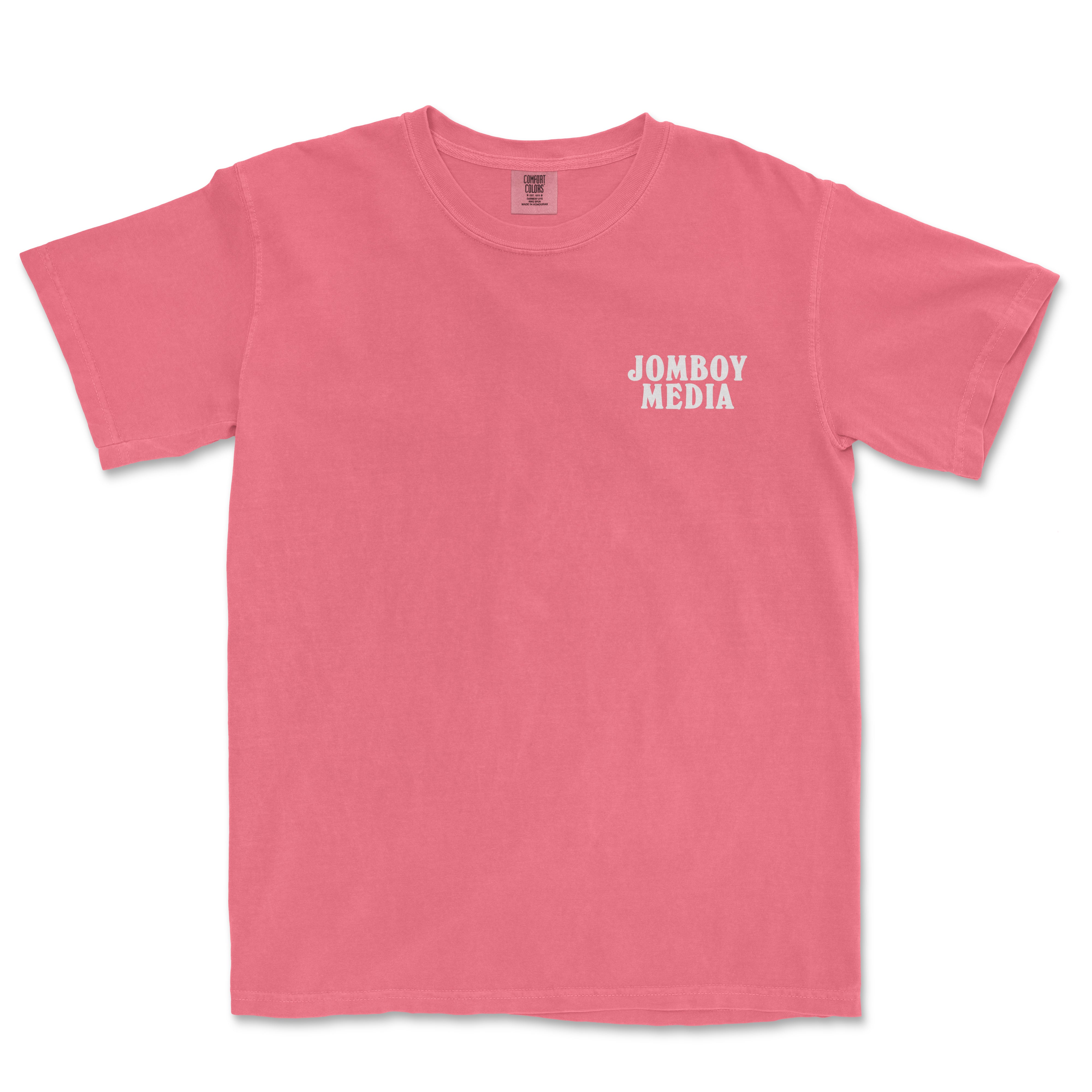 Pink T-shirt with "JOMBOY MEDIA" logo in white text on the front left chest area.