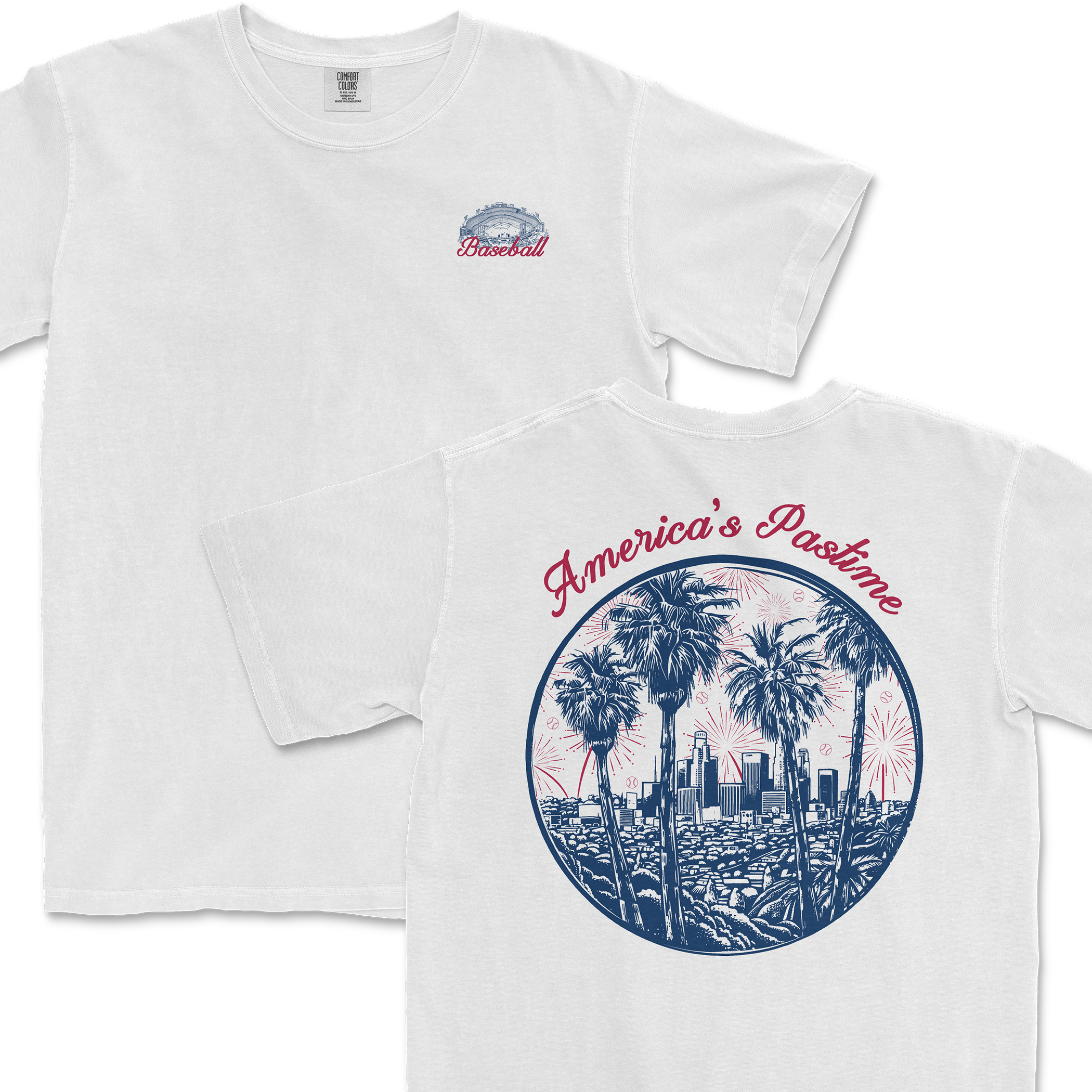 White t-shirt featuring "America's Pastime" graphic with palm trees and a city skyline, celebrating baseball culture.
