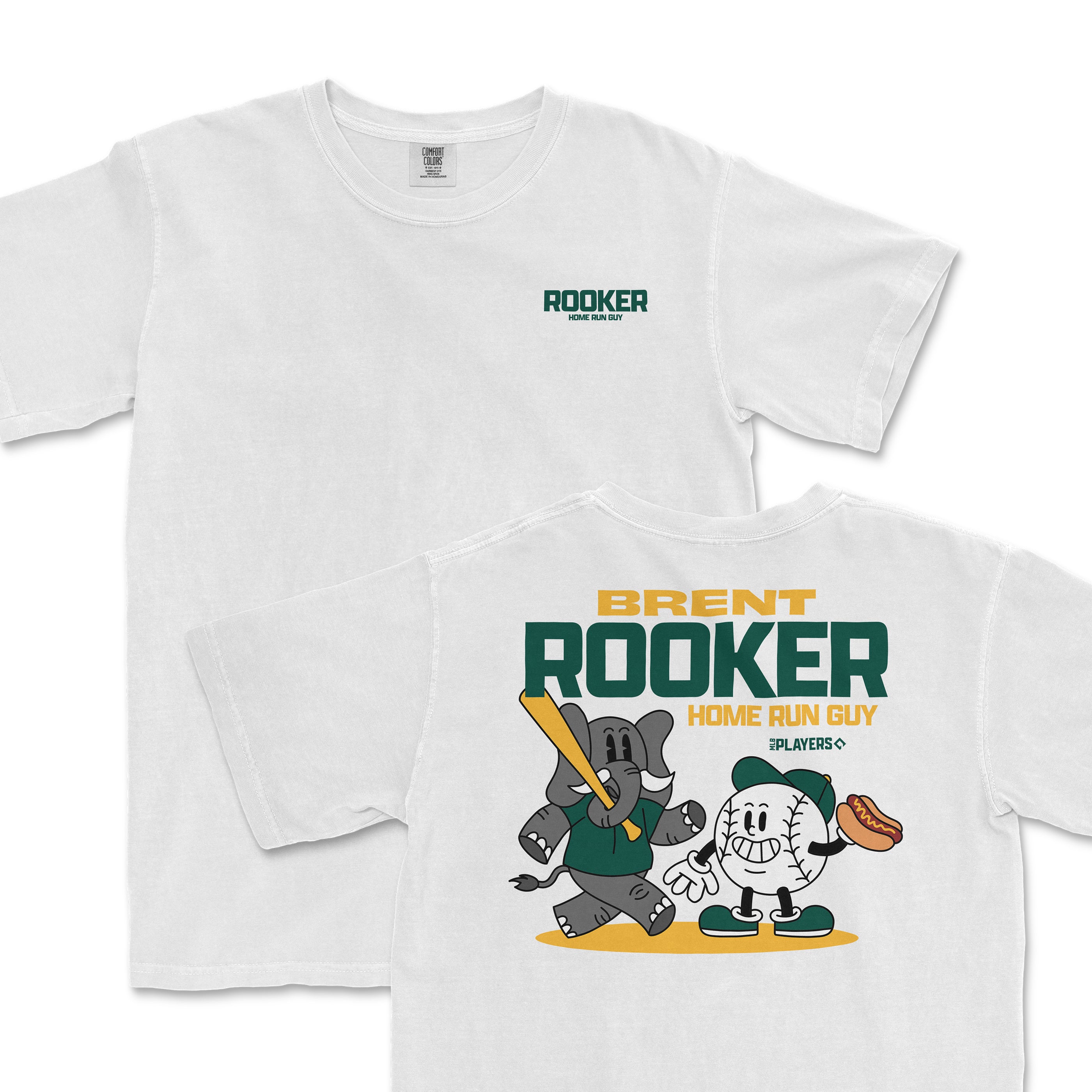 Brent Rooker summer cartoon t-shirt featuring playful graphics of an elephant and a baseball character with a bat and hot dog.