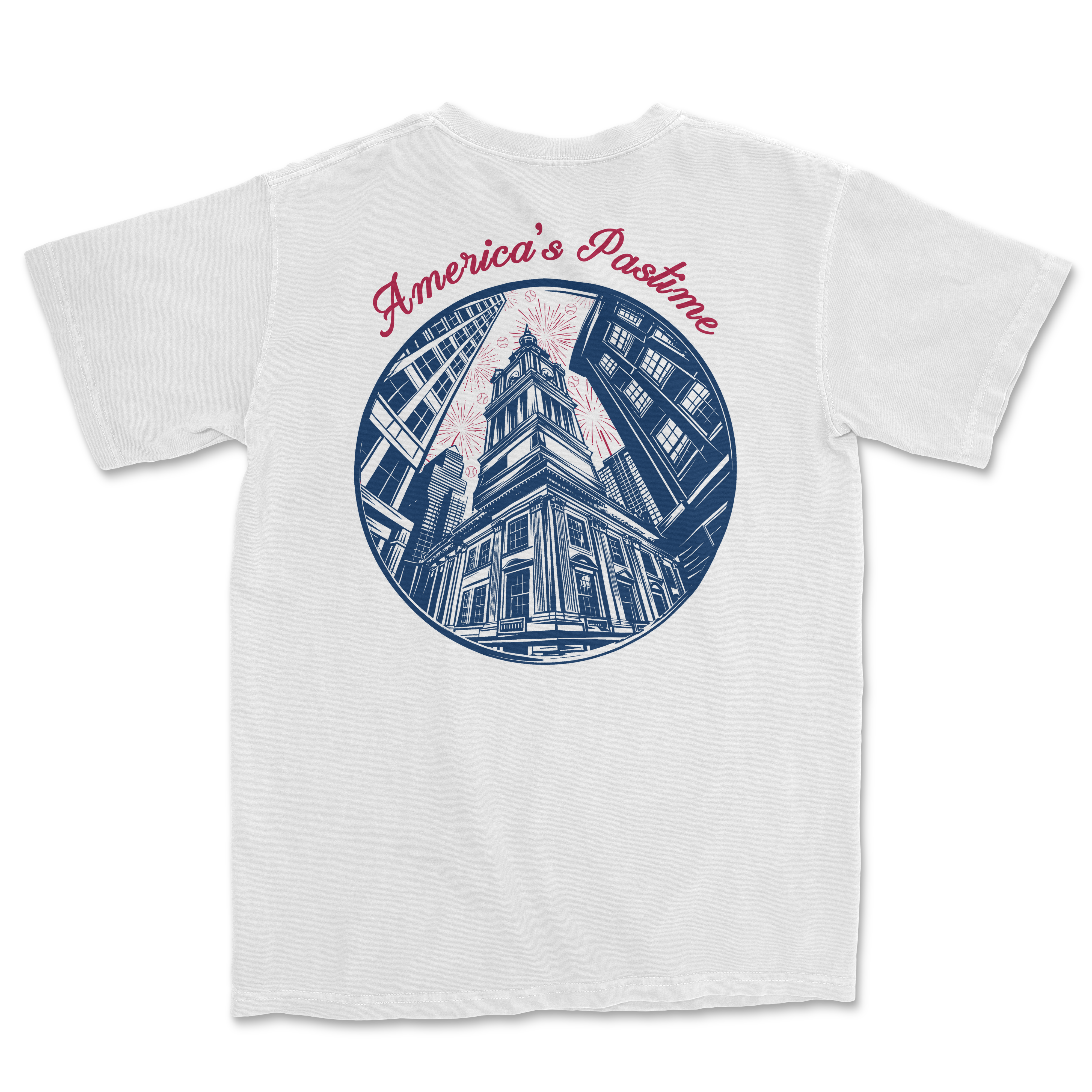 White t-shirt featuring a graphic of a historic building with "America's Pastime" text in a circular design.
