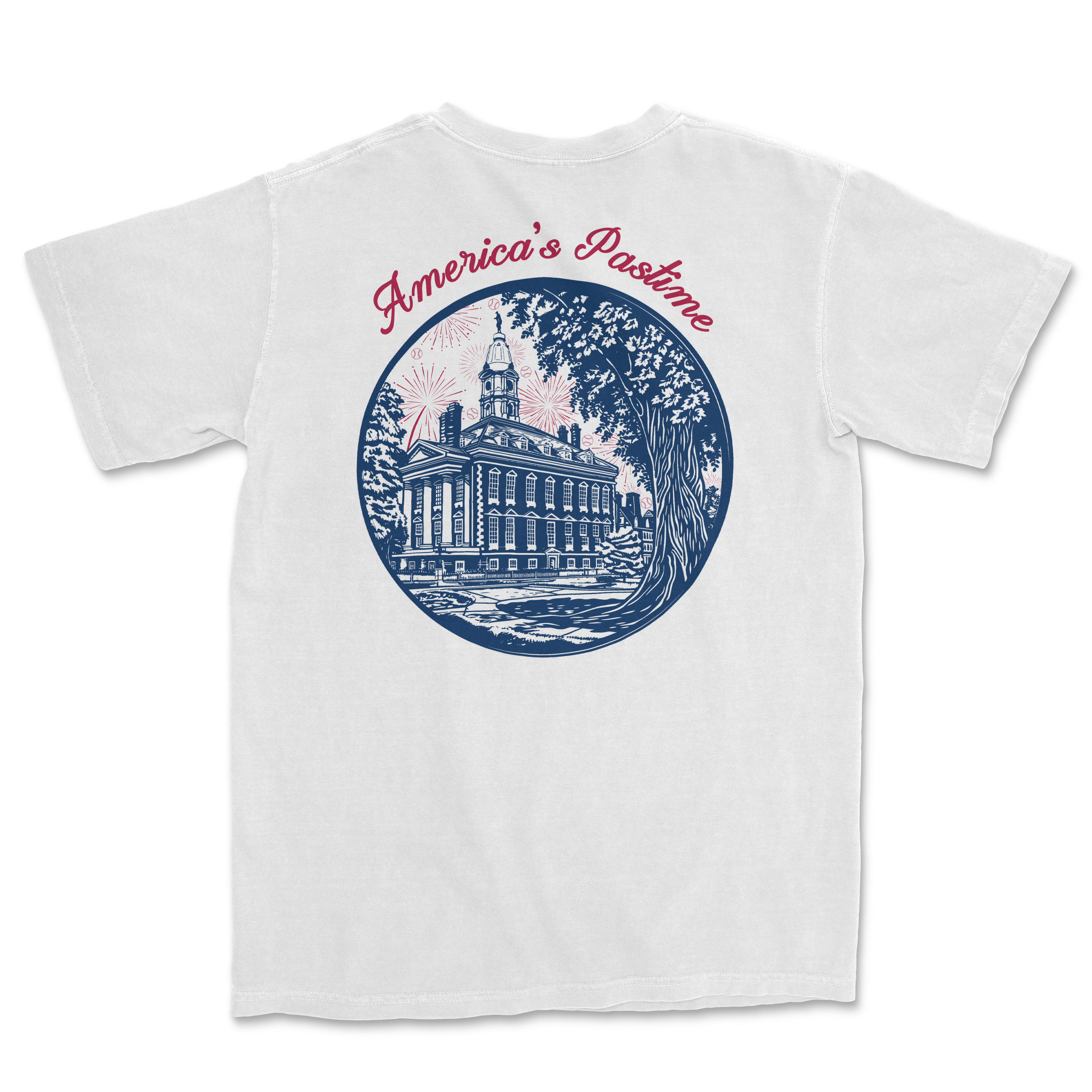 White t-shirt featuring a vintage-style graphic of a historic building with "America's Pastime" text above.