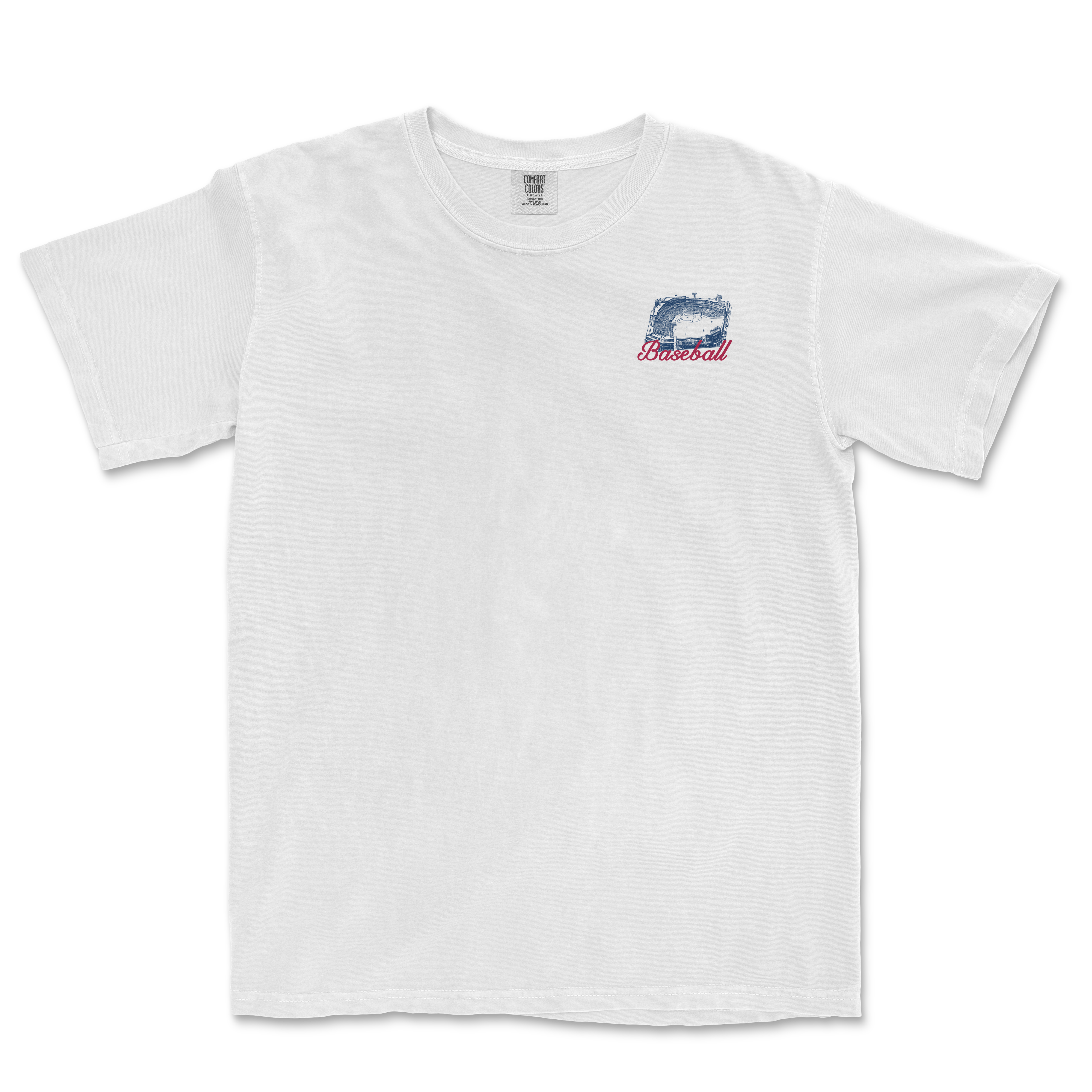 White t-shirt featuring a vintage-style baseball graphic and "Baseball" text in red, perfect for sports fans.