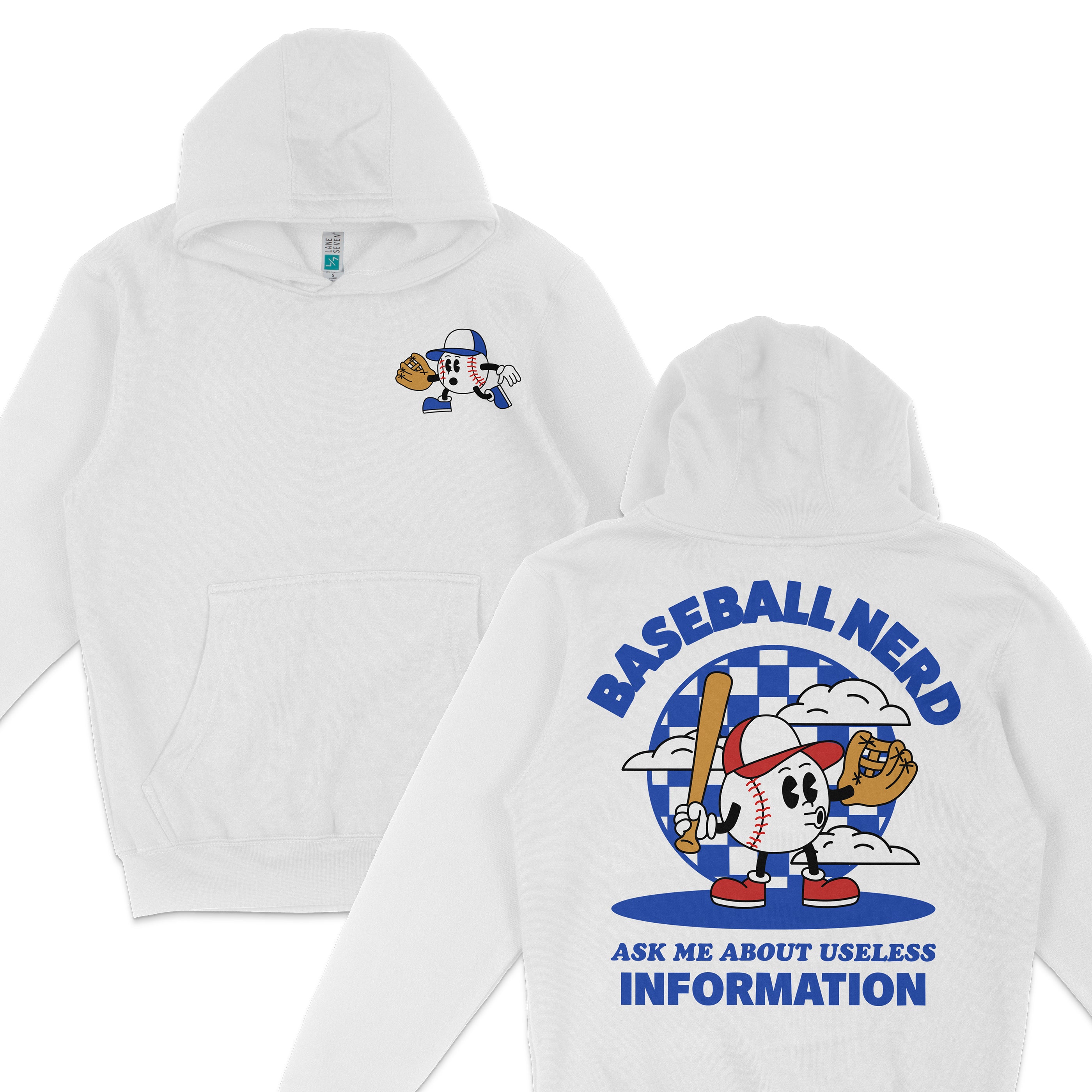 White hoodie featuring a cartoon baseball character with a glove on one hand and a cap, and the back has "Baseball Nerd" text with a baseball character holding a bat.