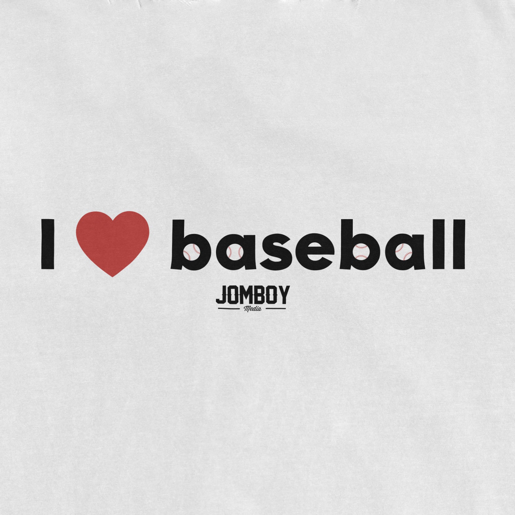 White vintage T-shirt with "I ❤️ baseball" text, featuring baseballs inside the letters, and "JOMBOY Media" below.