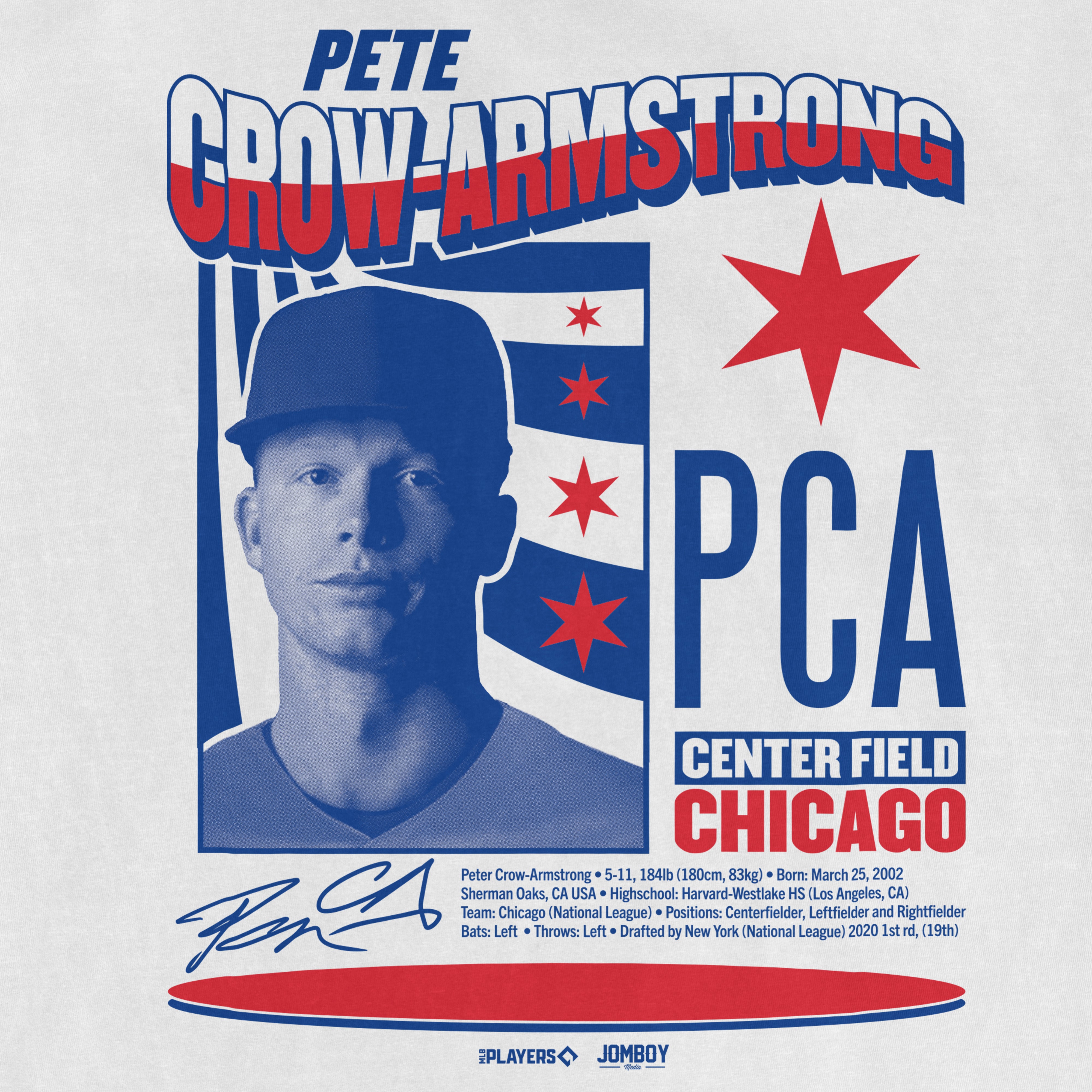 Pete Crow-Armstrong Signature Series graphic featuring his portrait, team info, and signature in blue and red.