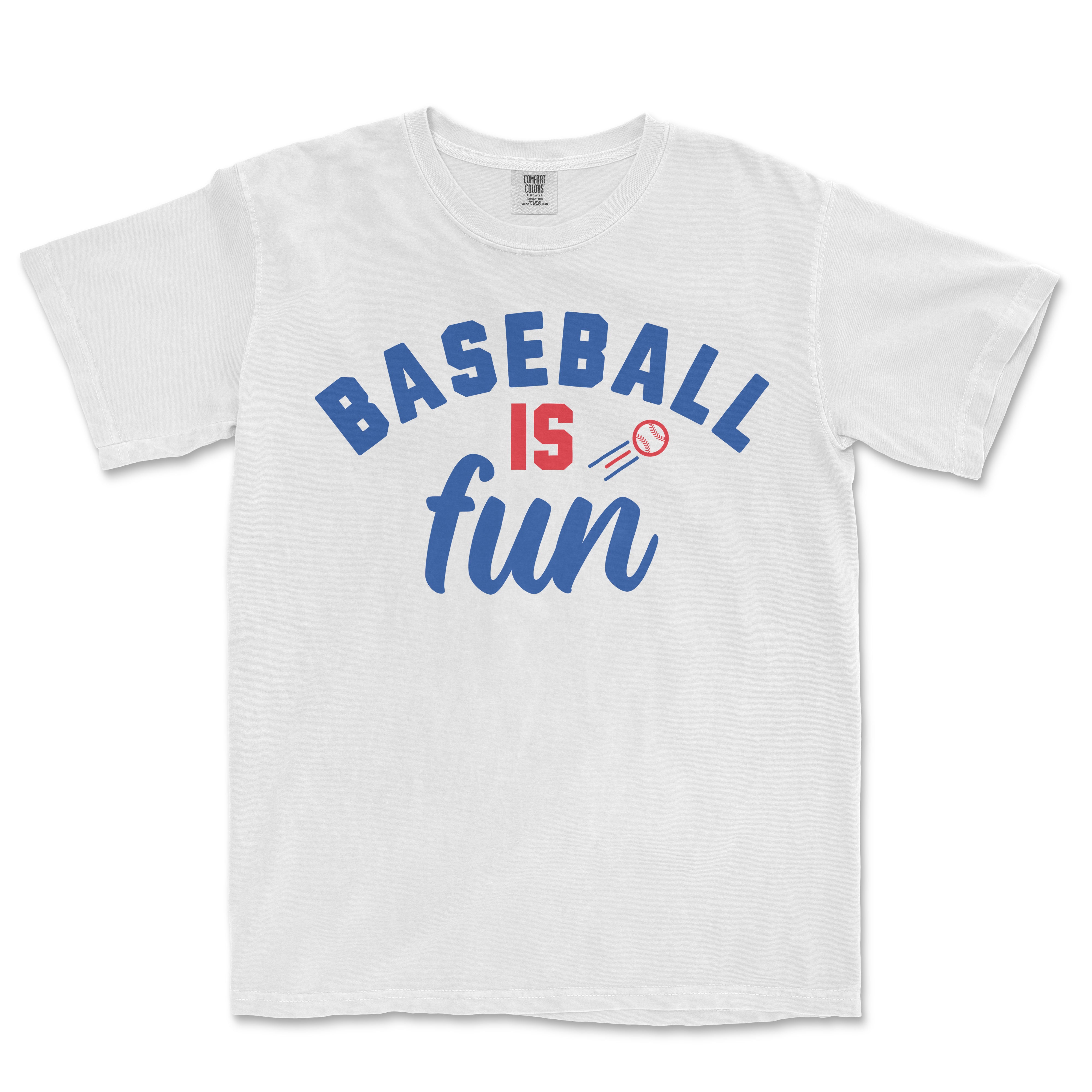 White vintage Comfort Colors® tee with blue and red text reading "Baseball is fun" and a small baseball graphic.