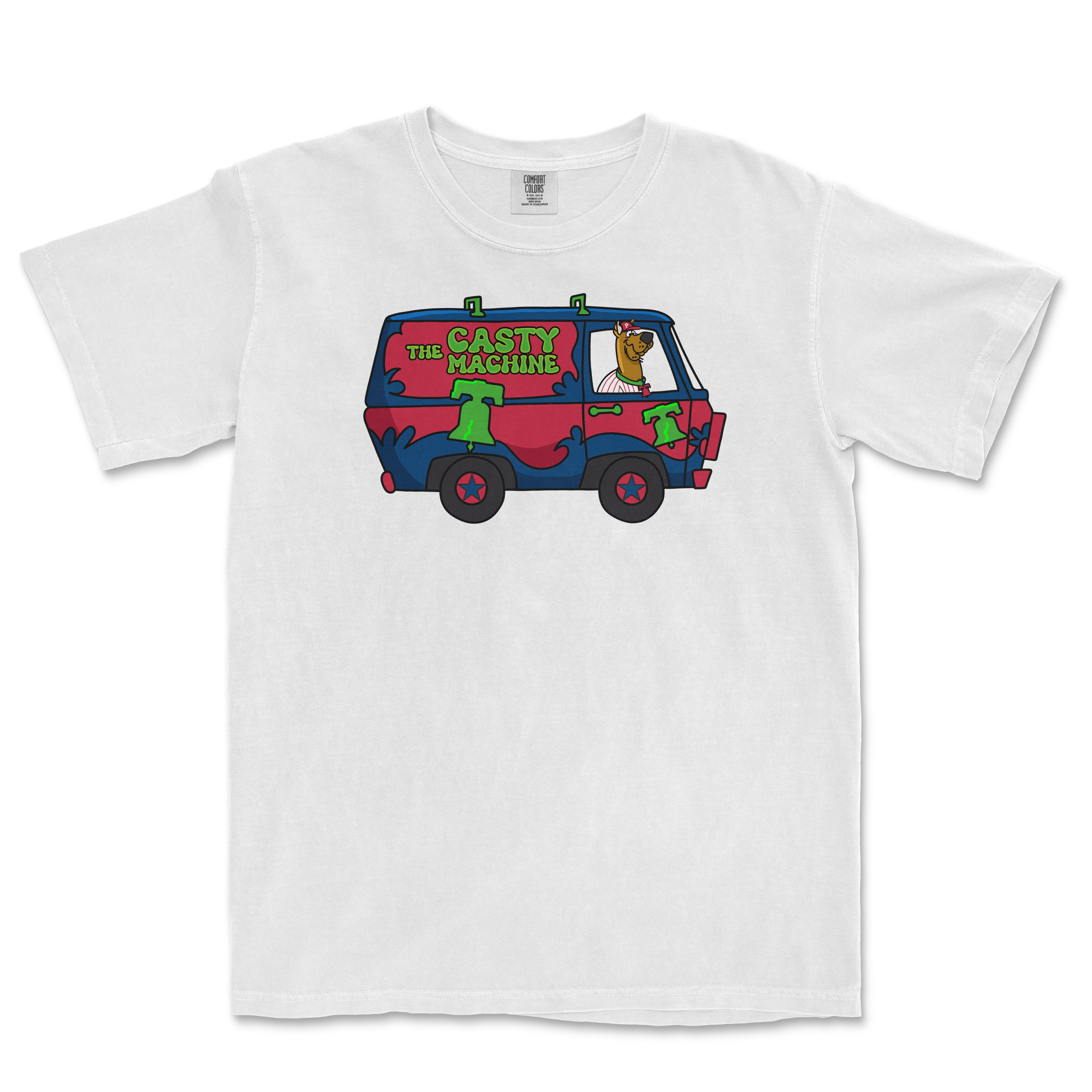White T-shirt featuring a colorful cartoon van with "The Casty Machine" text and a bear character inside, inspired by Scooby-Doo.