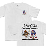 White t-shirt featuring a cartoon football player and the phrase "Run The Damn Ball" on the back. Perfect for sports fans.