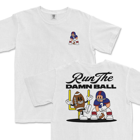 White t-shirt featuring a cartoon football player and the phrase "Run The Damn Ball" on the back. Perfect for sports fans.