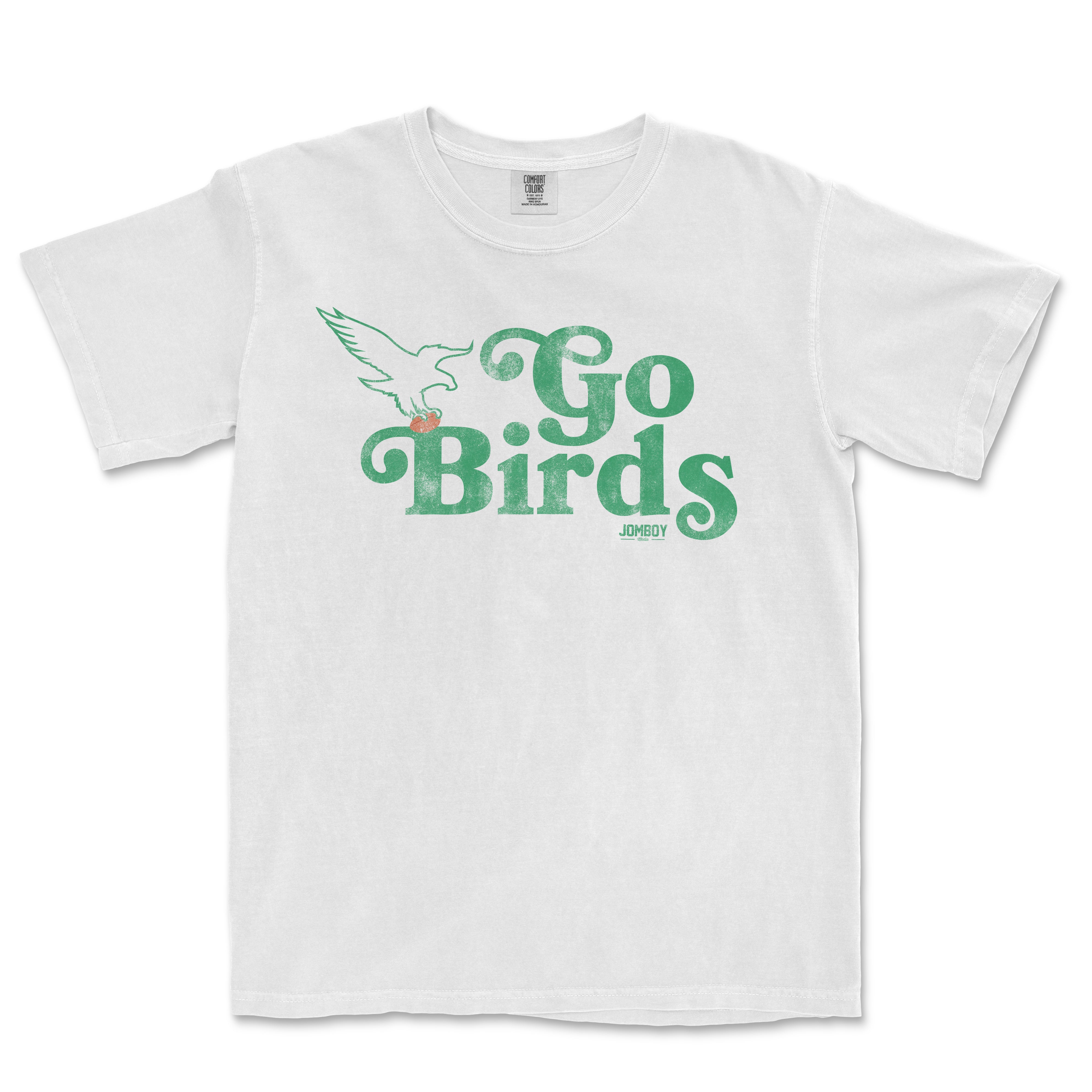 White vintage Comfort Colors® t-shirt featuring a green "Go Birds" slogan, a flying bird graphic, and small "Jomboy" text.