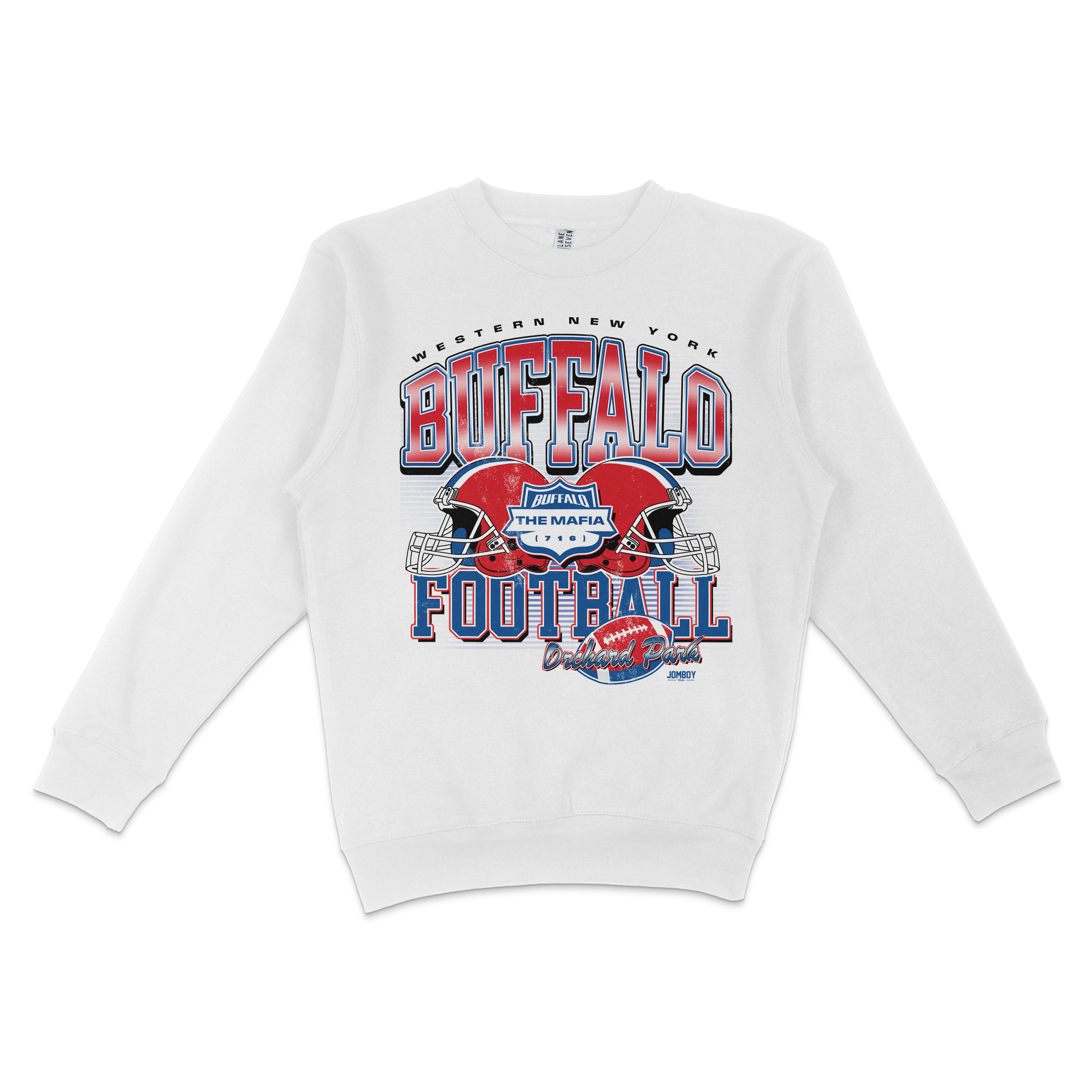 White crewneck sweatshirt featuring a colorful Buffalo Football graphic with helmets, text, and team details.