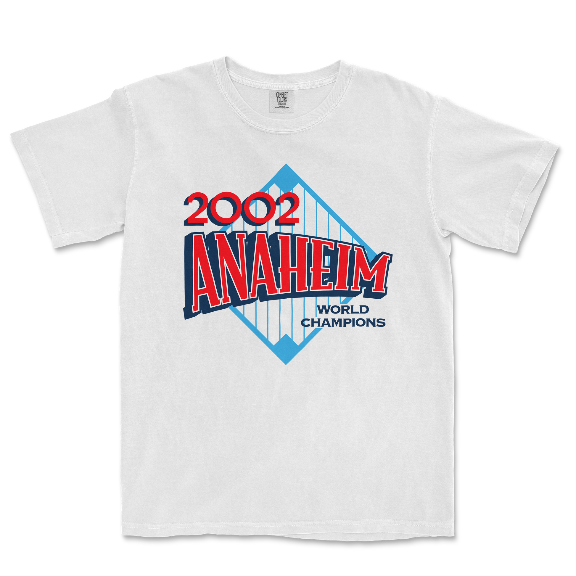 White Comfort Colors tee featuring a 2022 Anaheim World Champions graphic with a blue diamond shape and red, blue, and black text.