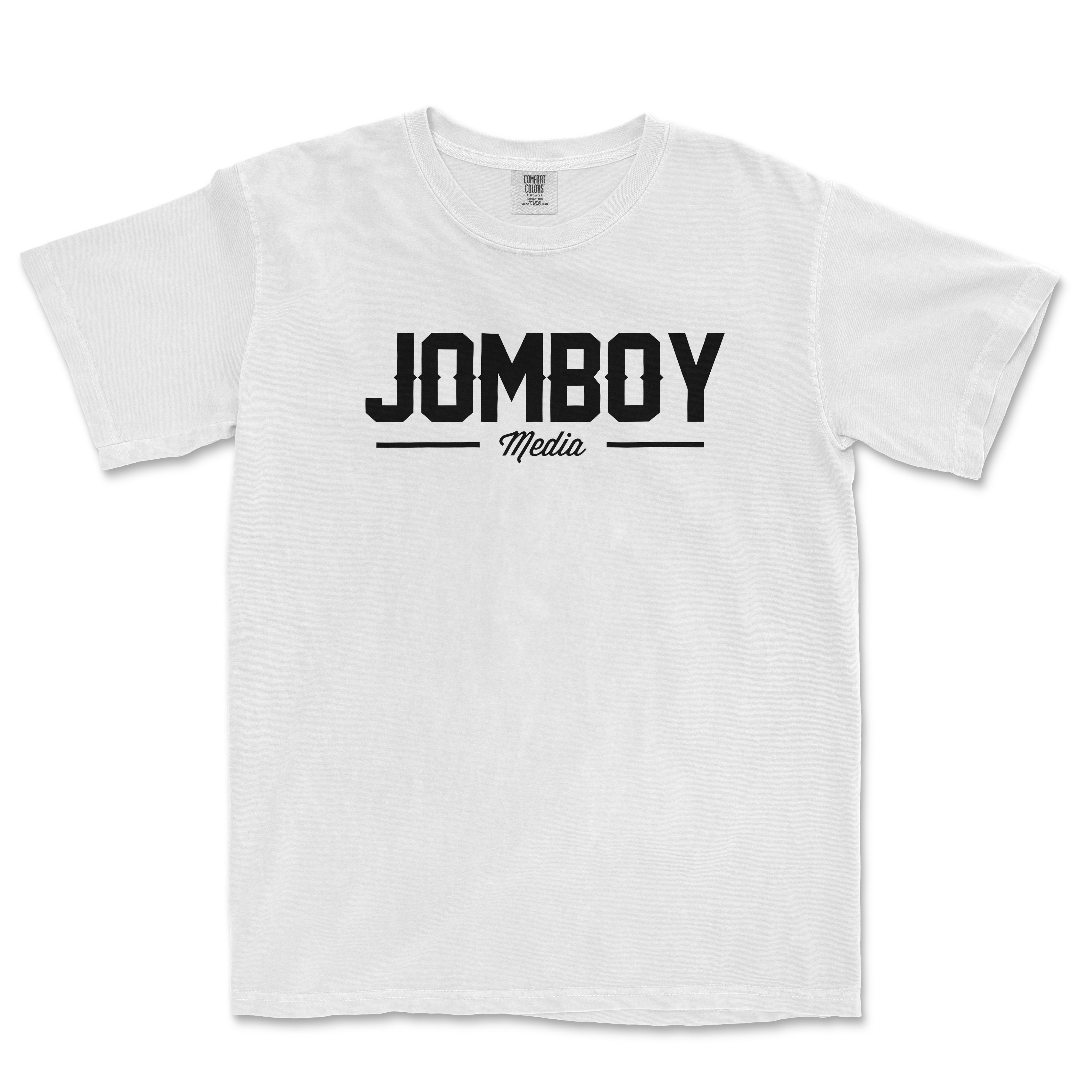White Comfort Colors T-shirt with "Jomboy Media" logo printed in bold black letters across the front.