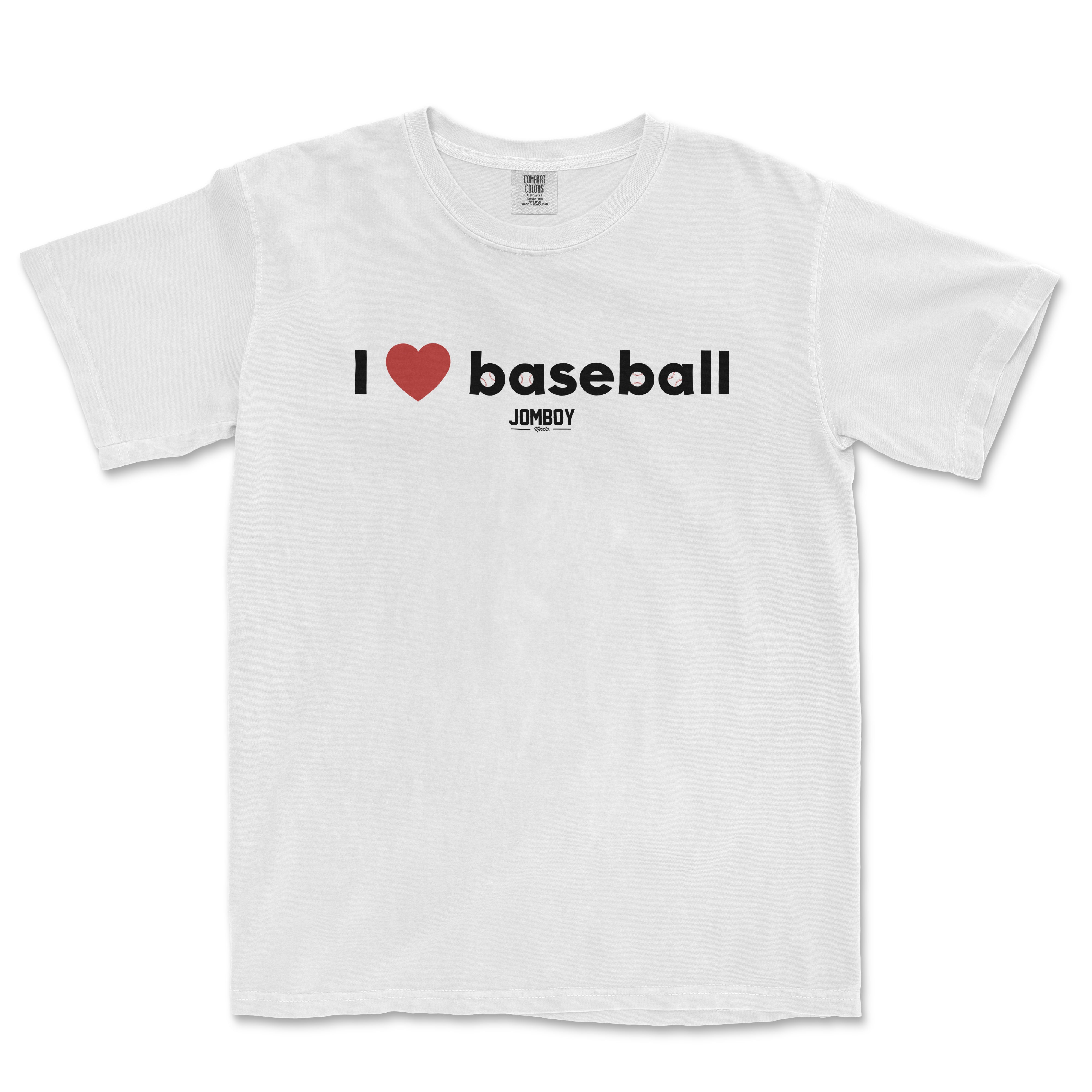 White Comfort Colors vintage T-shirt with "I ♥ baseball" text and a small Jomboy logo underneath.