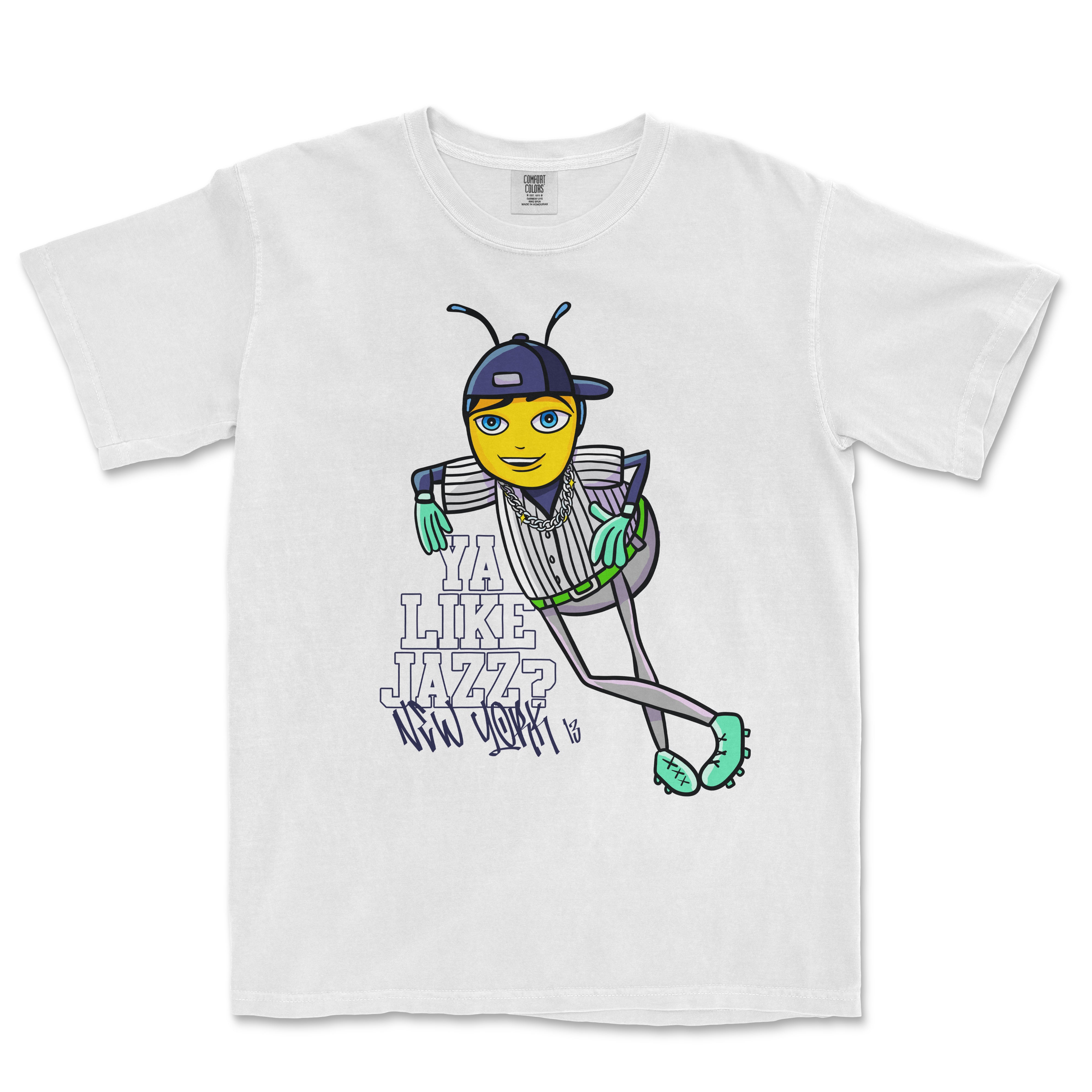 White T-shirt featuring a cartoon bee with blue eyes, a baseball cap, striped shirt, chains, and sneakers, with "YA LIKE JAZZ?" text.