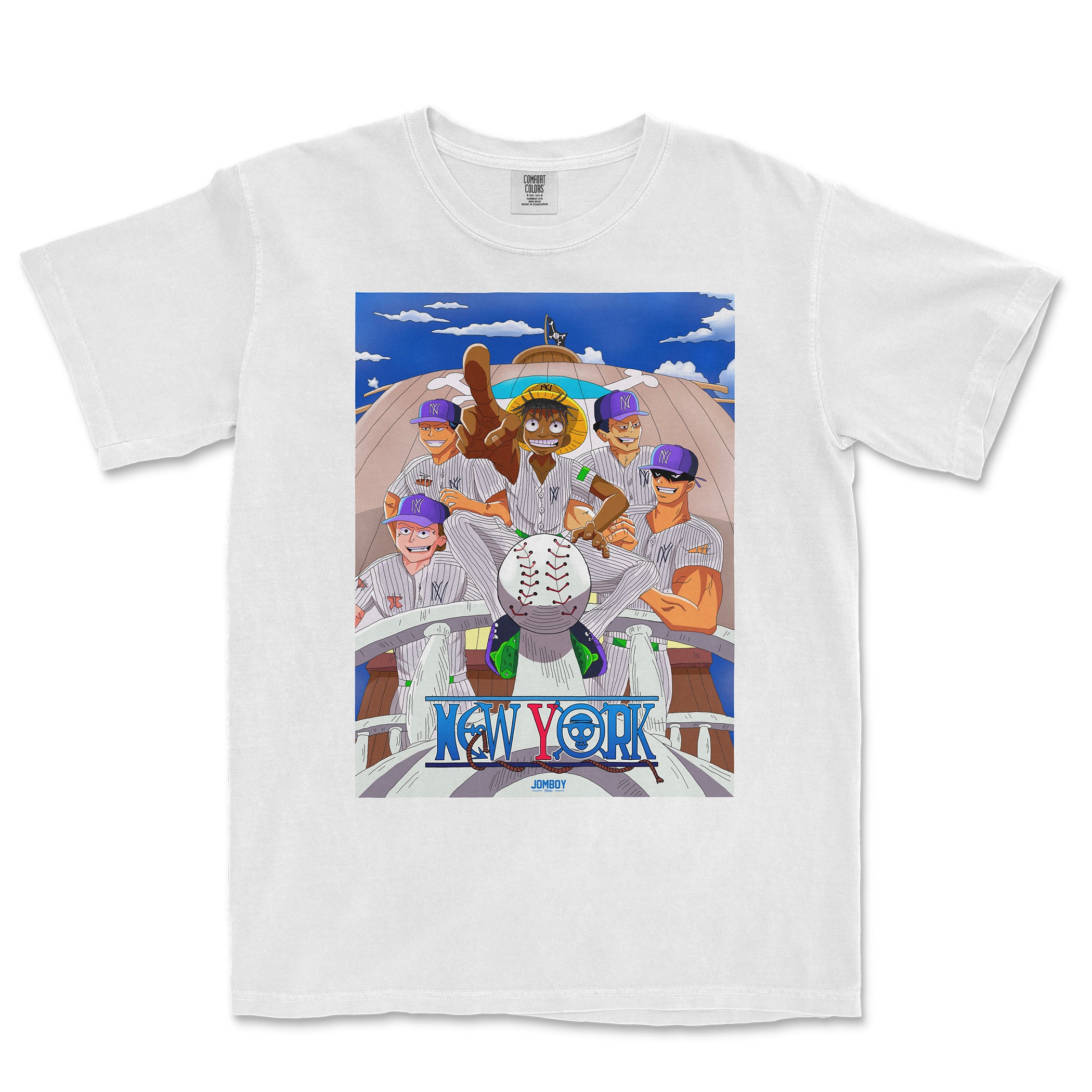 Comfort Colors tee featuring a colorful anime-style illustration of baseball players with "New York" text and a baseball-themed design.