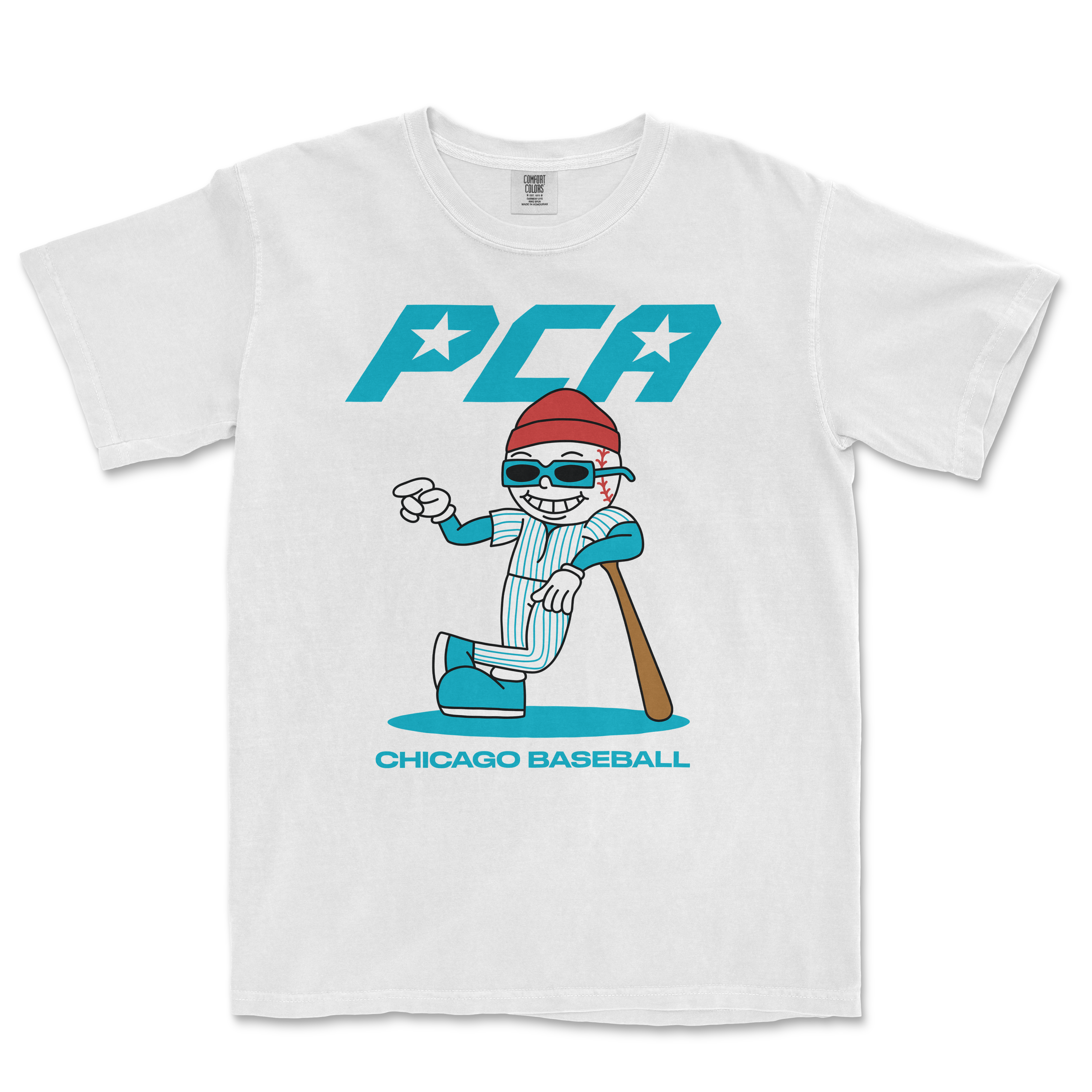 Pete Crow-Armstrong cartoon graphic t-shirt featuring a playful design with "PCA" and "Chicago Baseball" text.