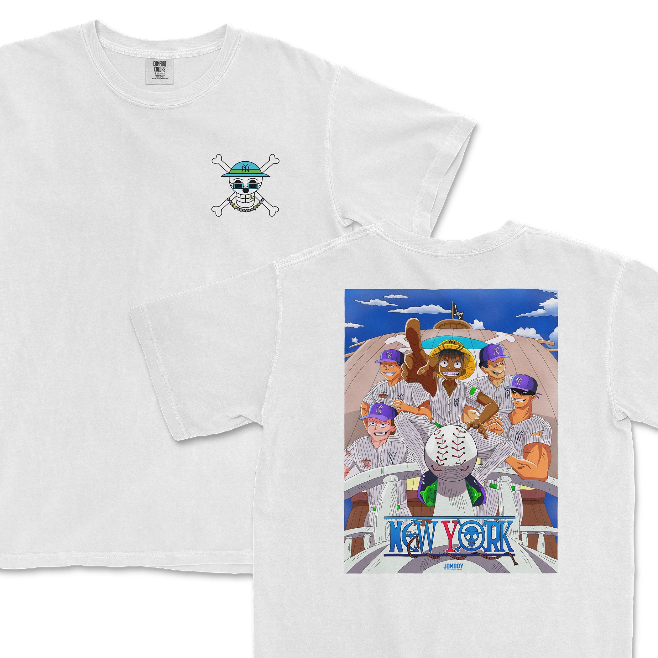 White Comfort Colors T-shirt featuring a colorful cartoon illustration of the Straw Hat Pirates from One Piece, with "New York" text and baseball theme.