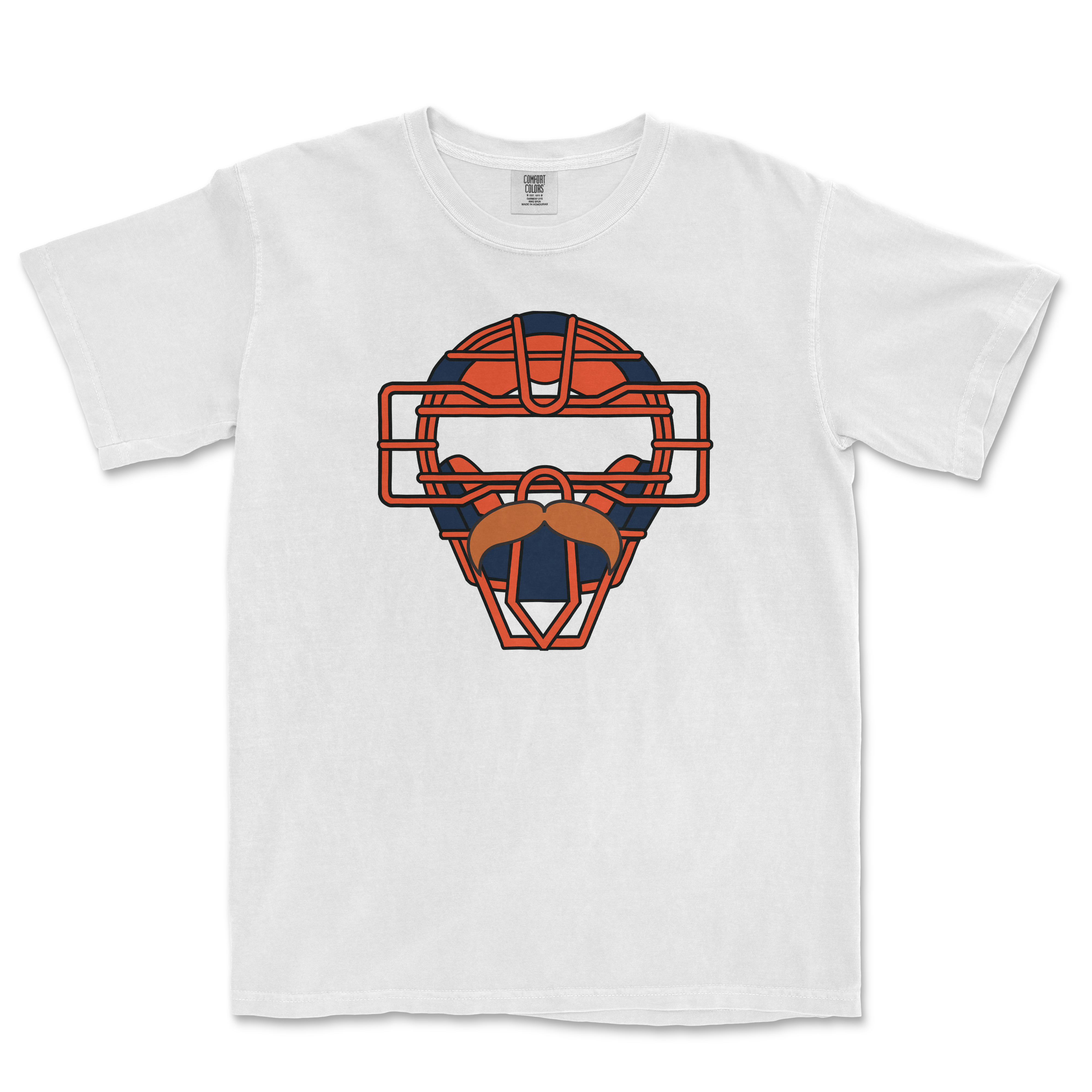 White Comfort Colors T-shirt featuring a stylized football helmet graphic with a mustache, outlined in orange and navy blue.
