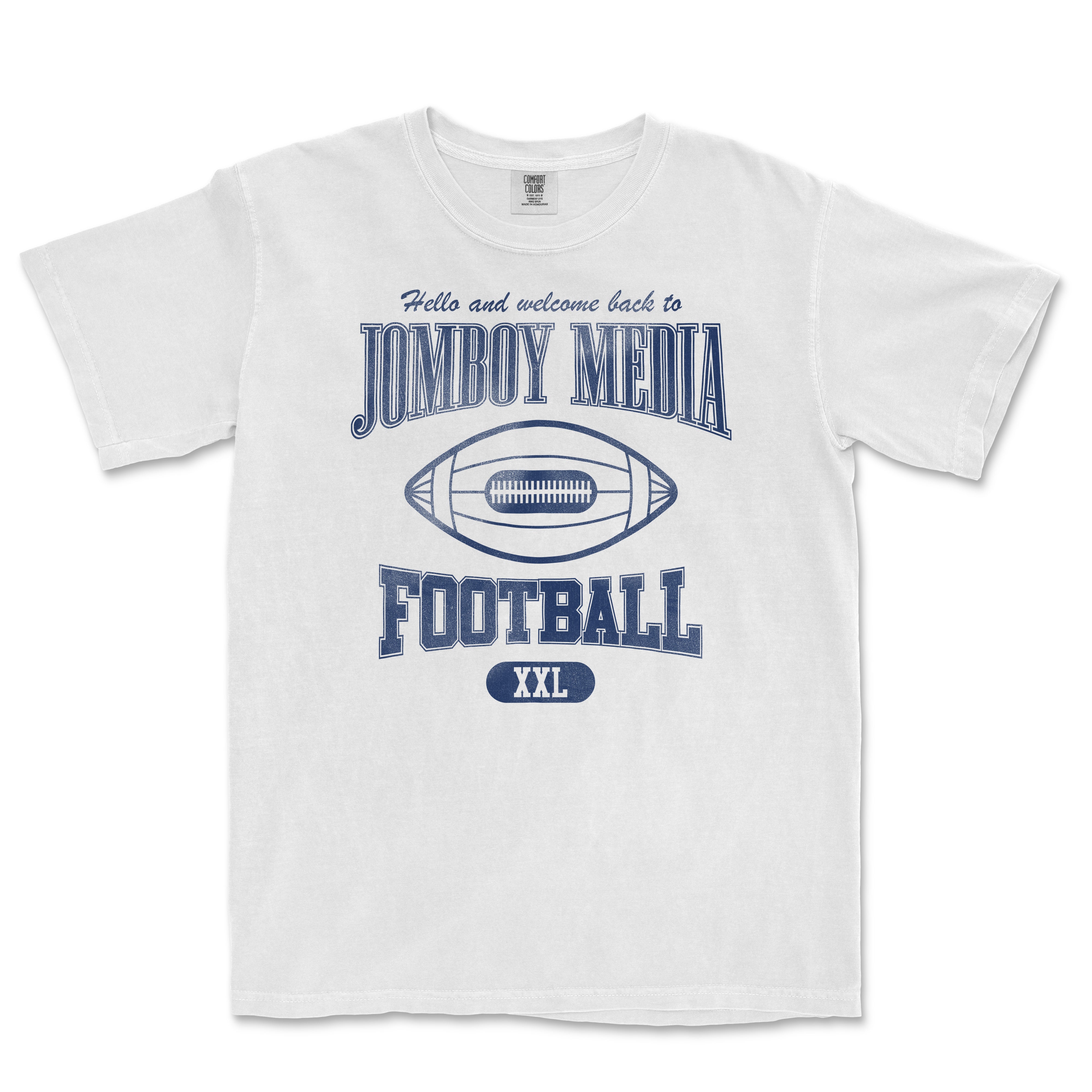 White t-shirt featuring "Hello and Welcome Back to Jomboy Media Football" in blue lettering with a football graphic.