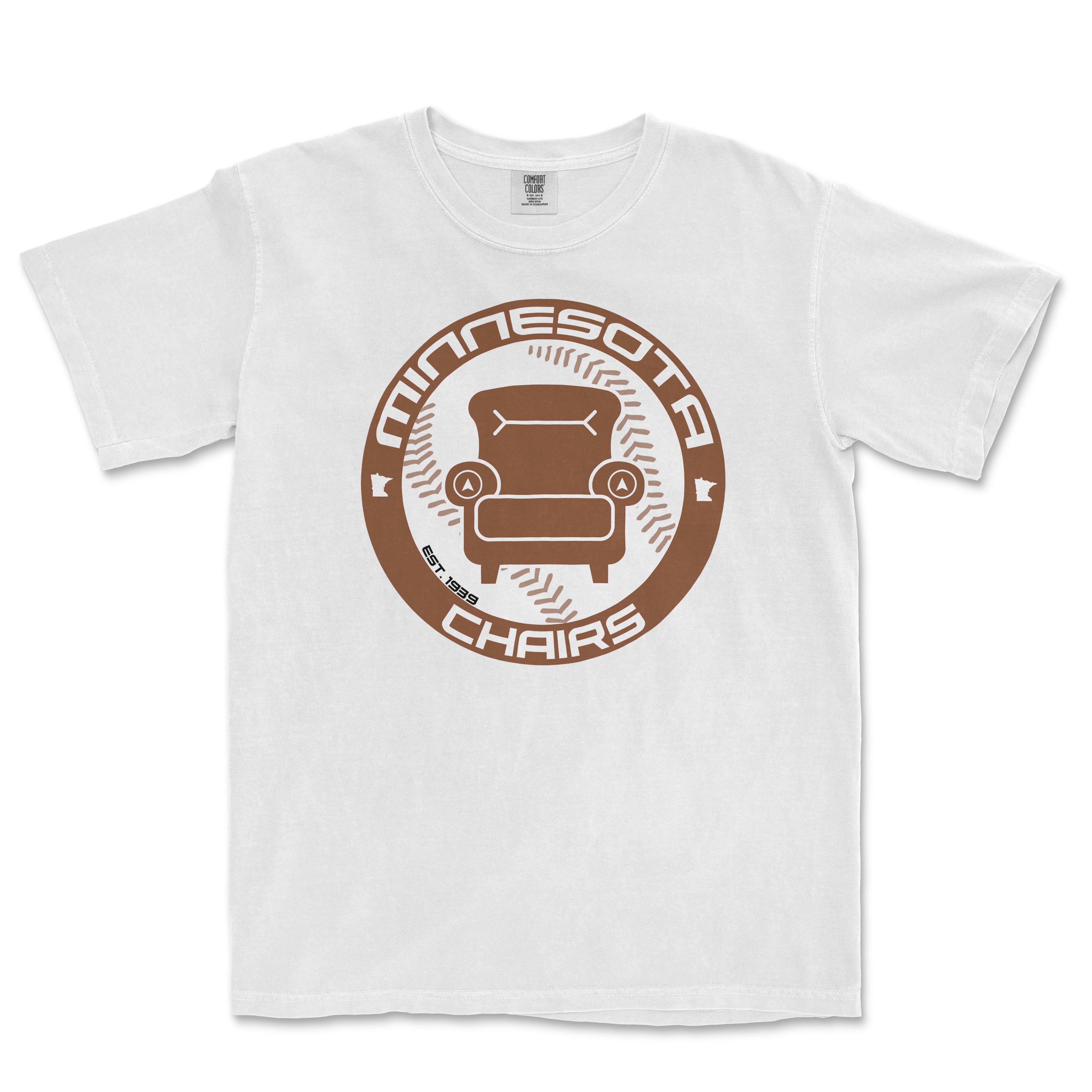 White Comfort Colors T-shirt featuring a brown circular graphic with a chair, "Minnesota Chairs" text, and "We Got Ice" branding.