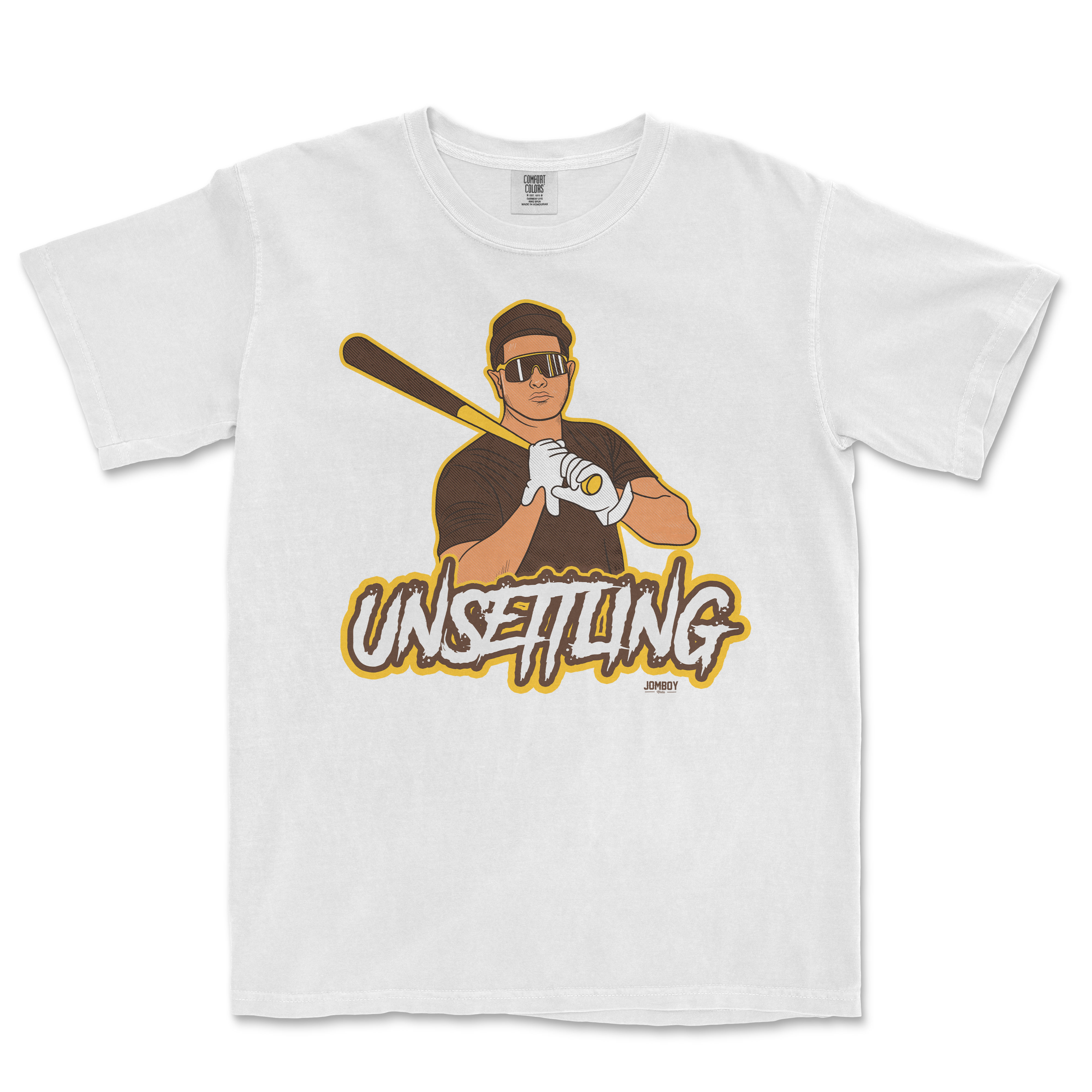 White T-shirt featuring a cartoon-style illustration of a person holding a baseball bat, wearing sunglasses and gloves, with the word "UNSETTLING" in bold, stylized text below.