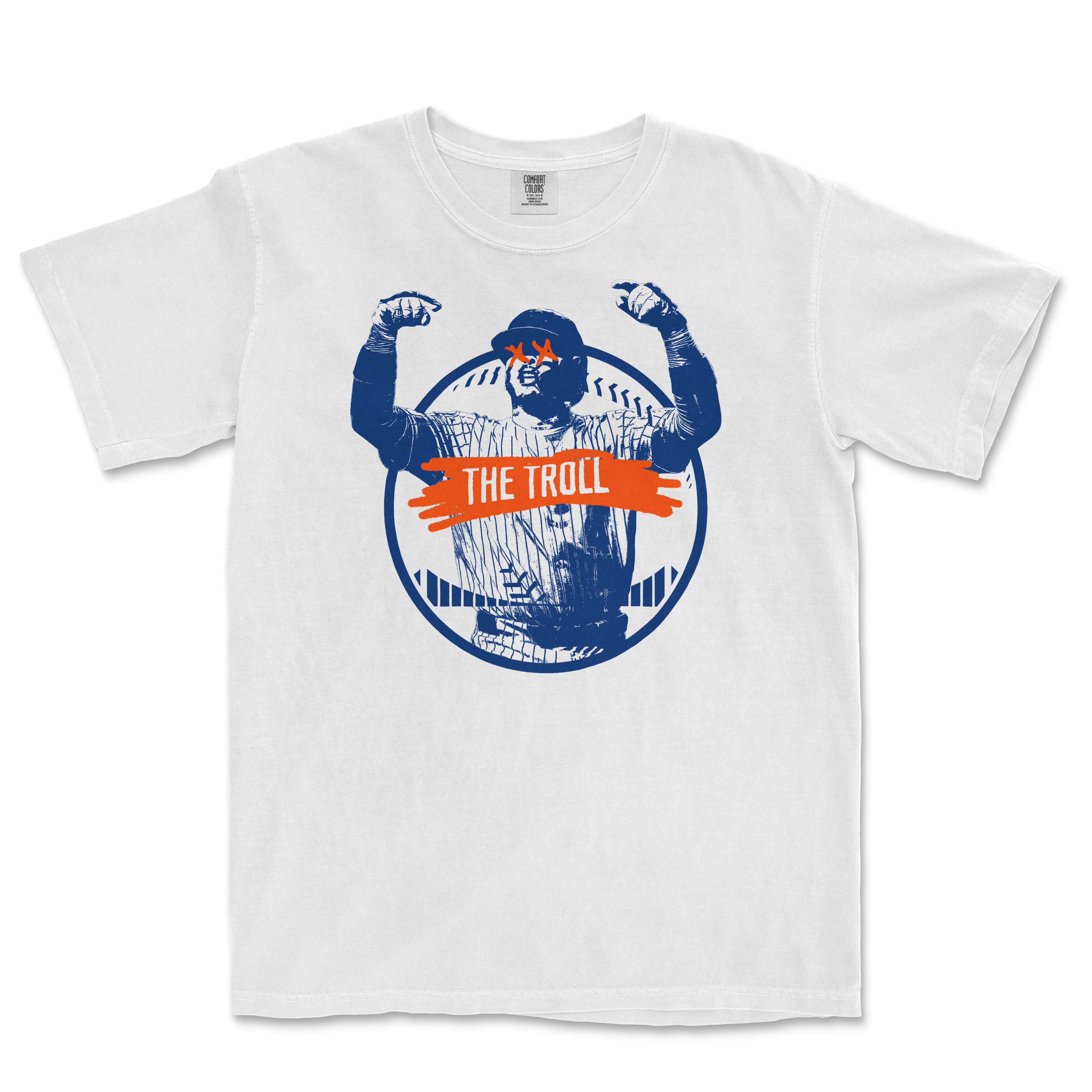 White T-shirt featuring a stylized blue graphic of a baseball player with crossed-out eyes, flexing arms, and "The Troll" text in orange.