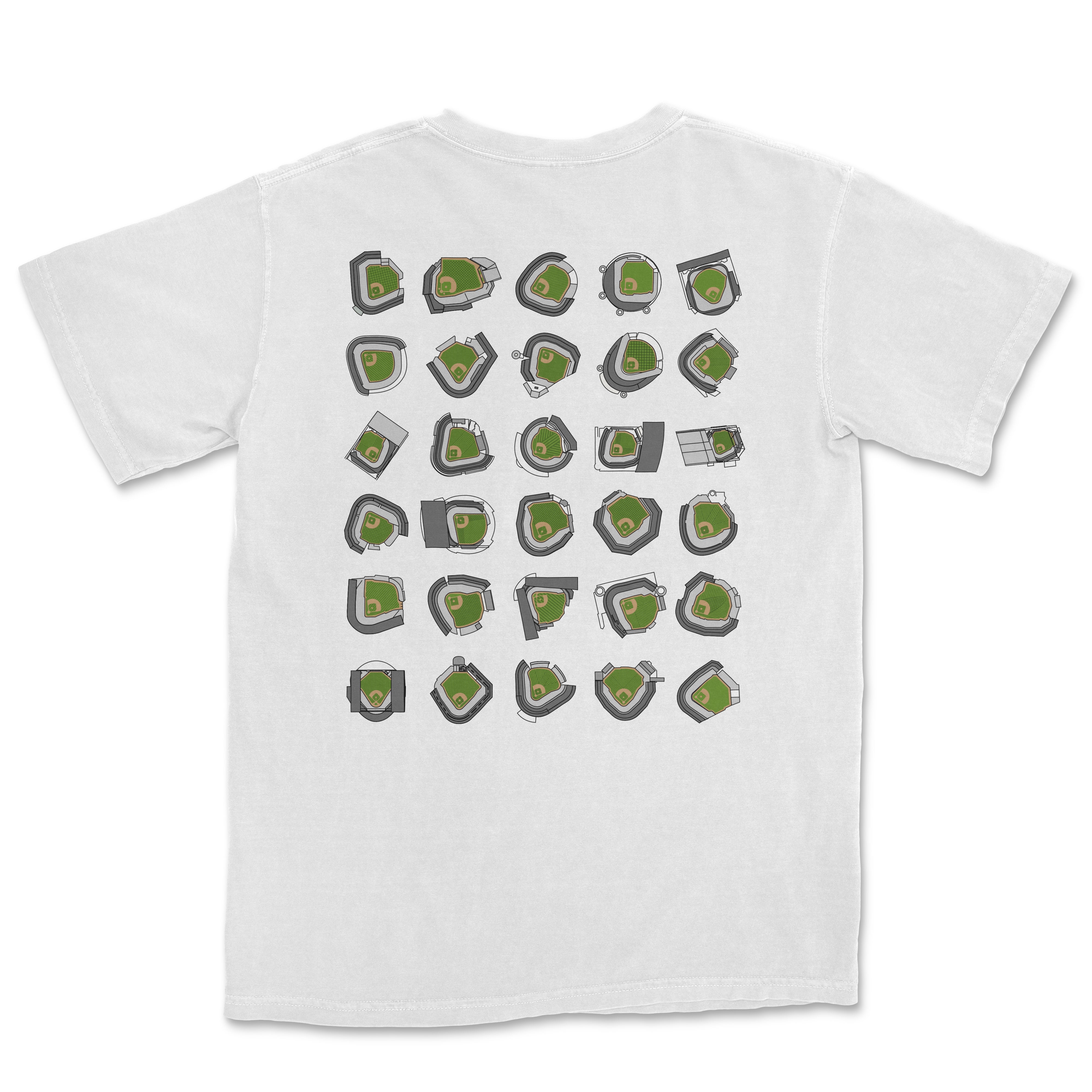 White T-shirt featuring a colorful, stylized graphic of various baseball stadium top-down views, inspired by "Take Me Out To The Ball Game.