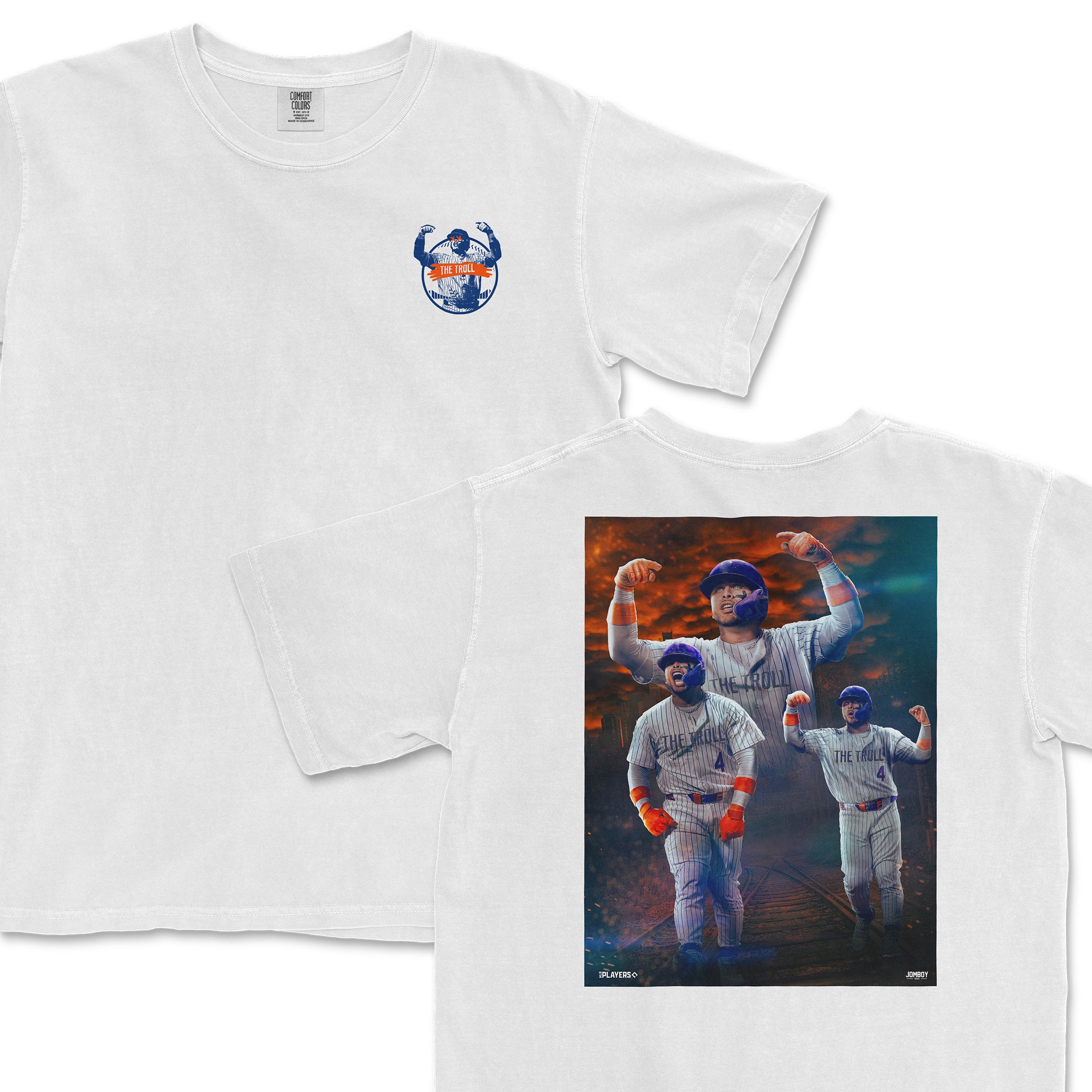 White T-shirt featuring a graphic of three baseball players in pinstripes, with "The Troll" text and a dramatic sunset background.