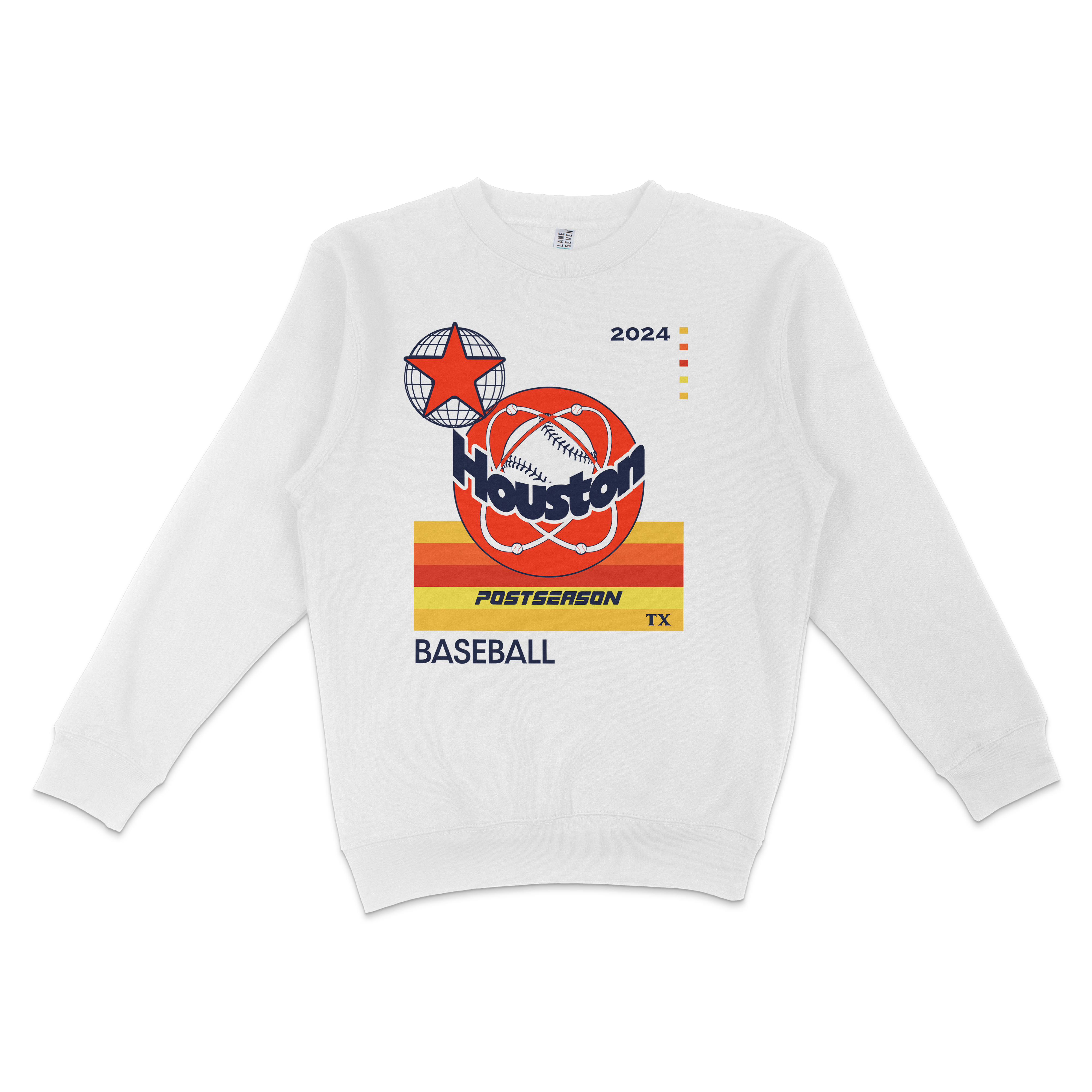 White crewneck sweatshirt featuring a Houston Astros 2024 postseason baseball graphic with colorful design elements.