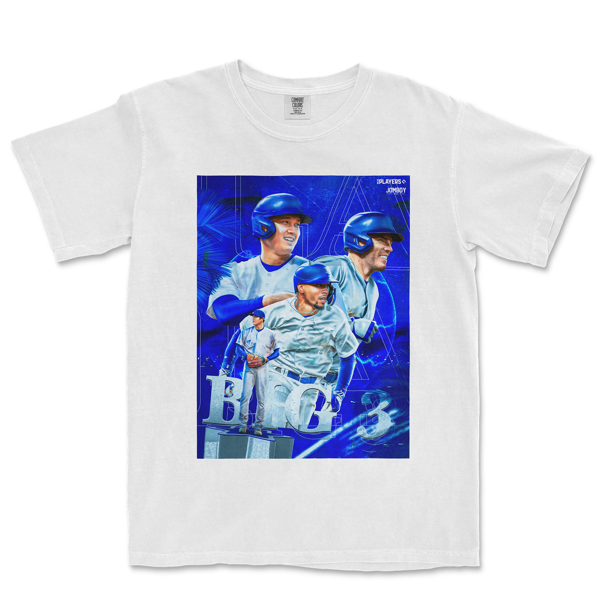 White Comfort Colors tee featuring a vibrant blue graphic of three baseball players with "LOS ANGELES BIG 3" text.