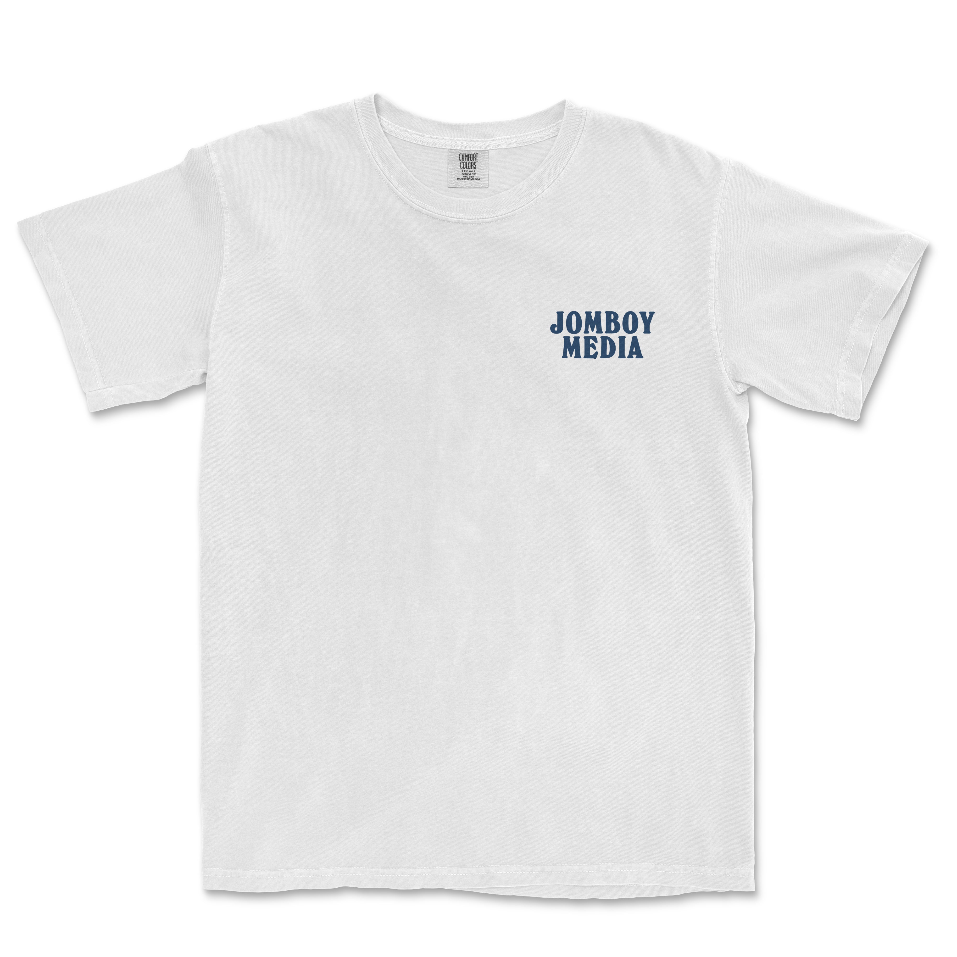 White T-shirt with "JOMBOY MEDIA" logo printed in navy blue on the upper left chest area.