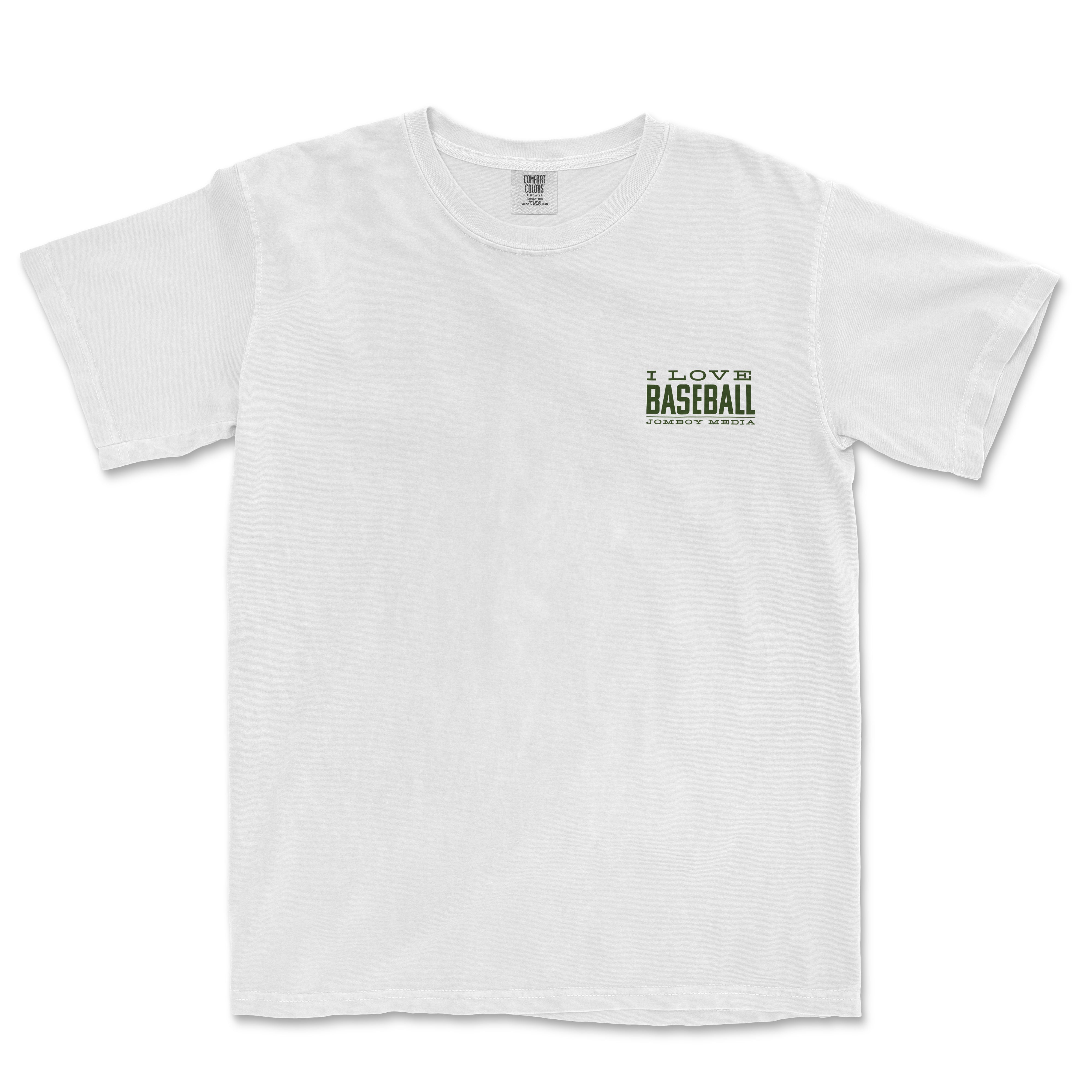 White T-shirt with green text that reads "I LOVE BASEBALL" and "JOMBOY MEDIA" underneath, positioned on the upper left chest.