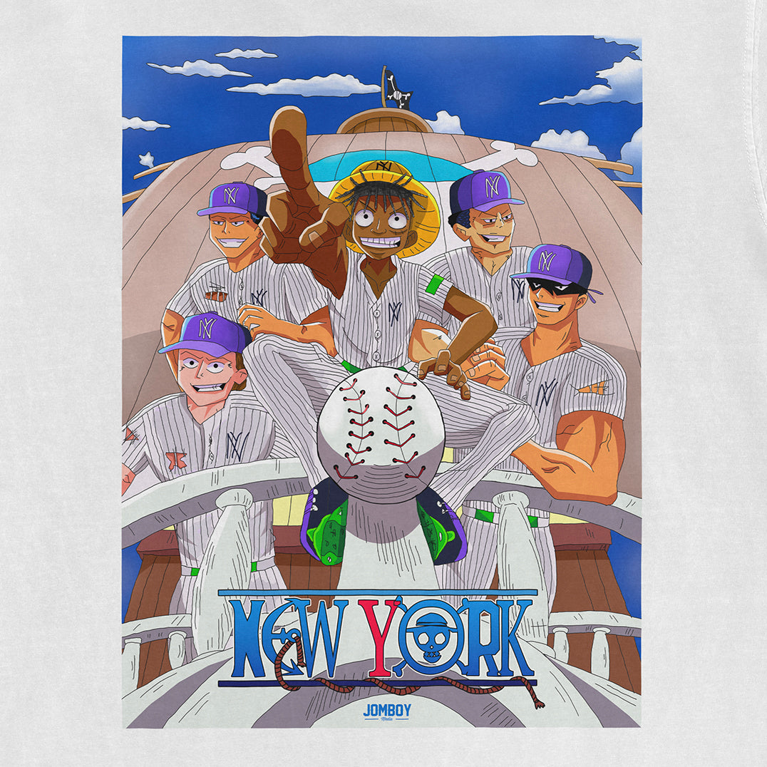Comfort Colors T-shirt featuring a colorful illustration of anime characters in baseball uniforms with "New York" text and a skull logo.