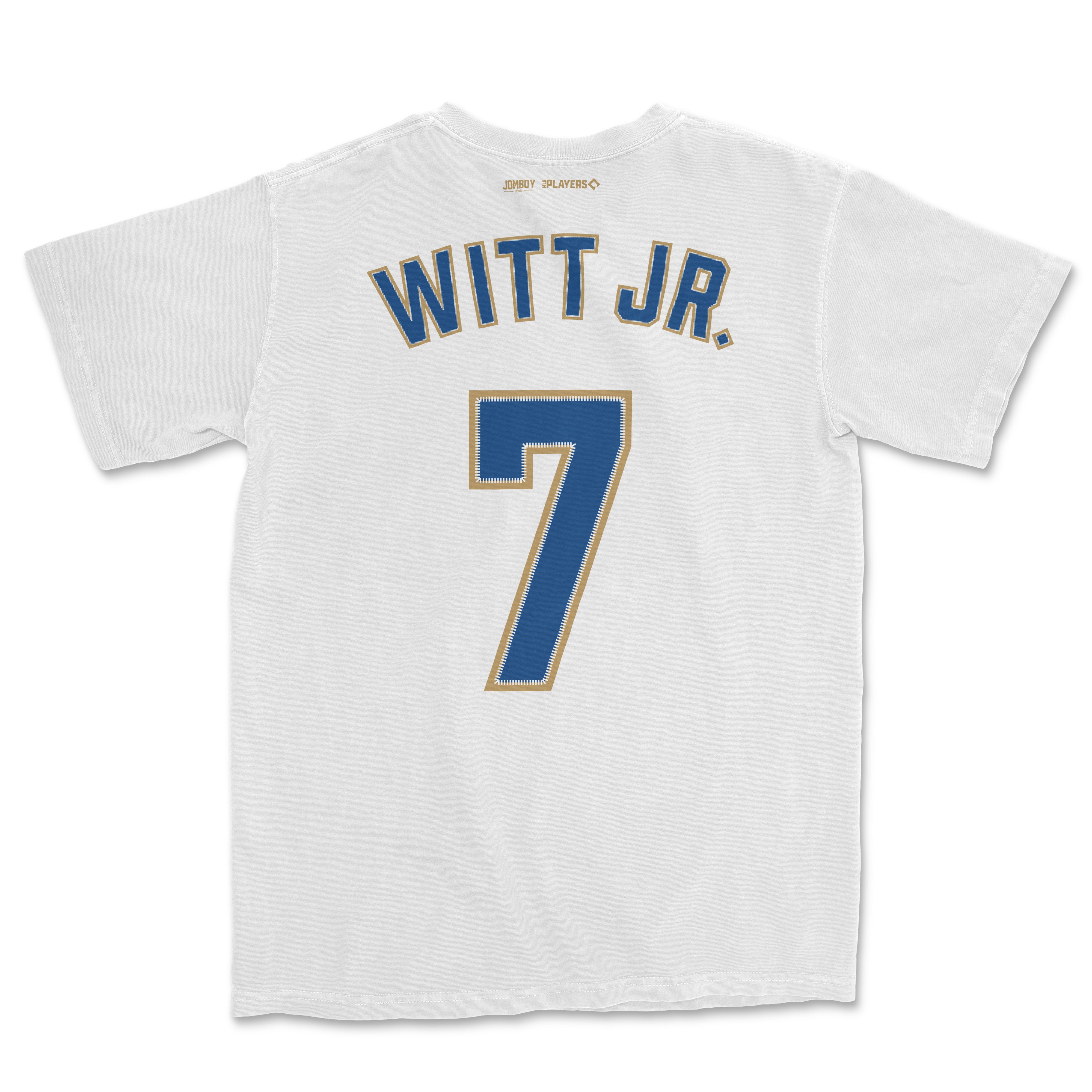 White Comfort Colors tee featuring "Witt Jr." and the number 7 in blue with gold accents, representing Bobby Witt Jr. shirsey.