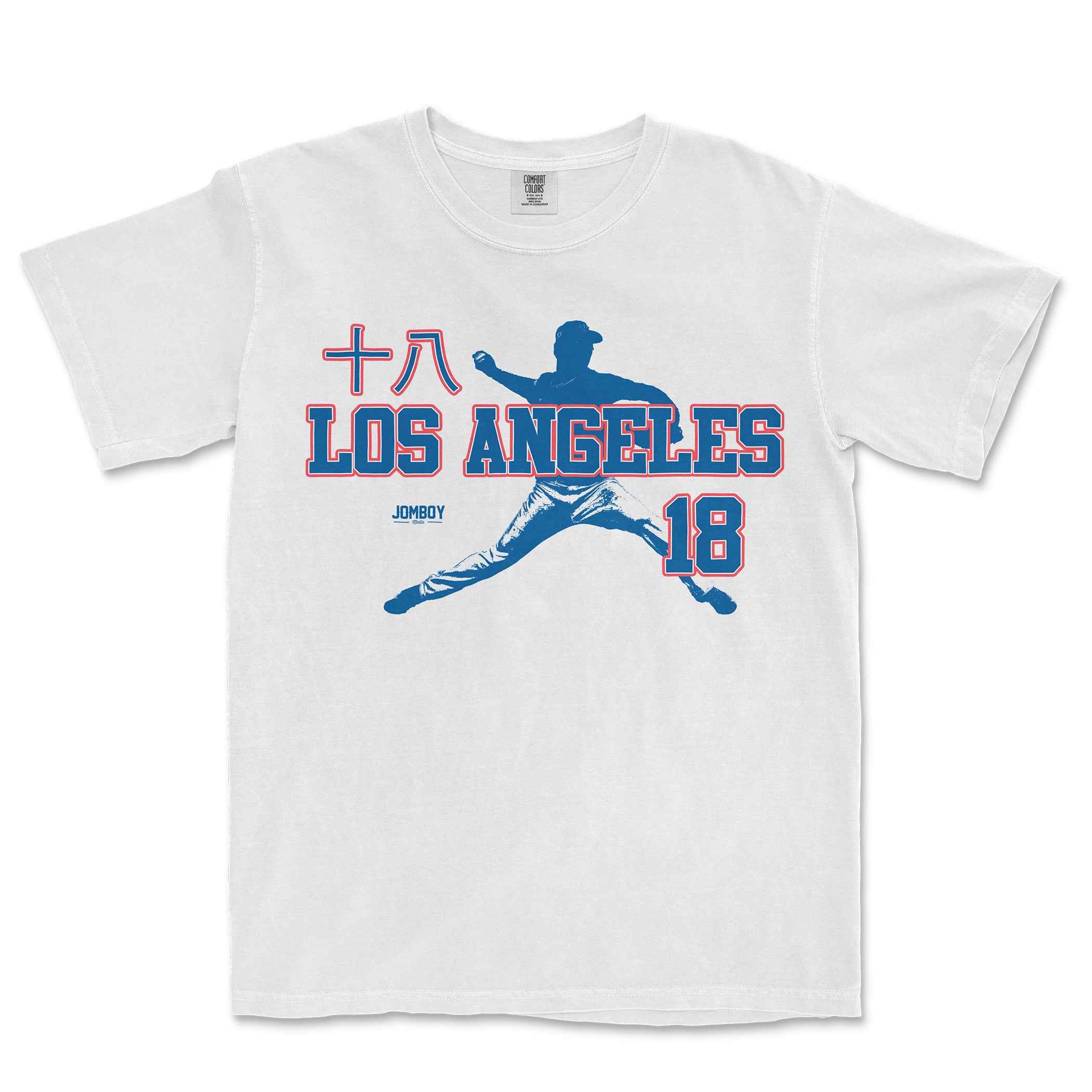 White Comfort Colors tee featuring a blue baseball player silhouette, red and blue "Los Angeles" text, and "18" number design.