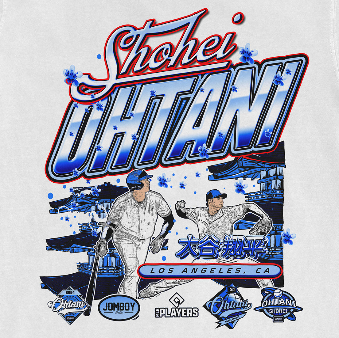 Colorful graphic design featuring Shohei Ohtani and a baseball theme, with text highlighting Los Angeles, CA, and Japanese characters.