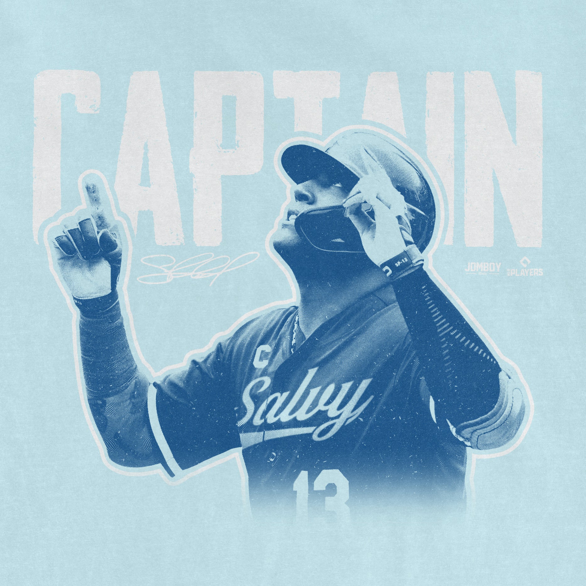 Salvador Perez wearing a cap and jersey, holding a helmet, with "Captain Salvy" text and signature on a Comfort Colors tee.