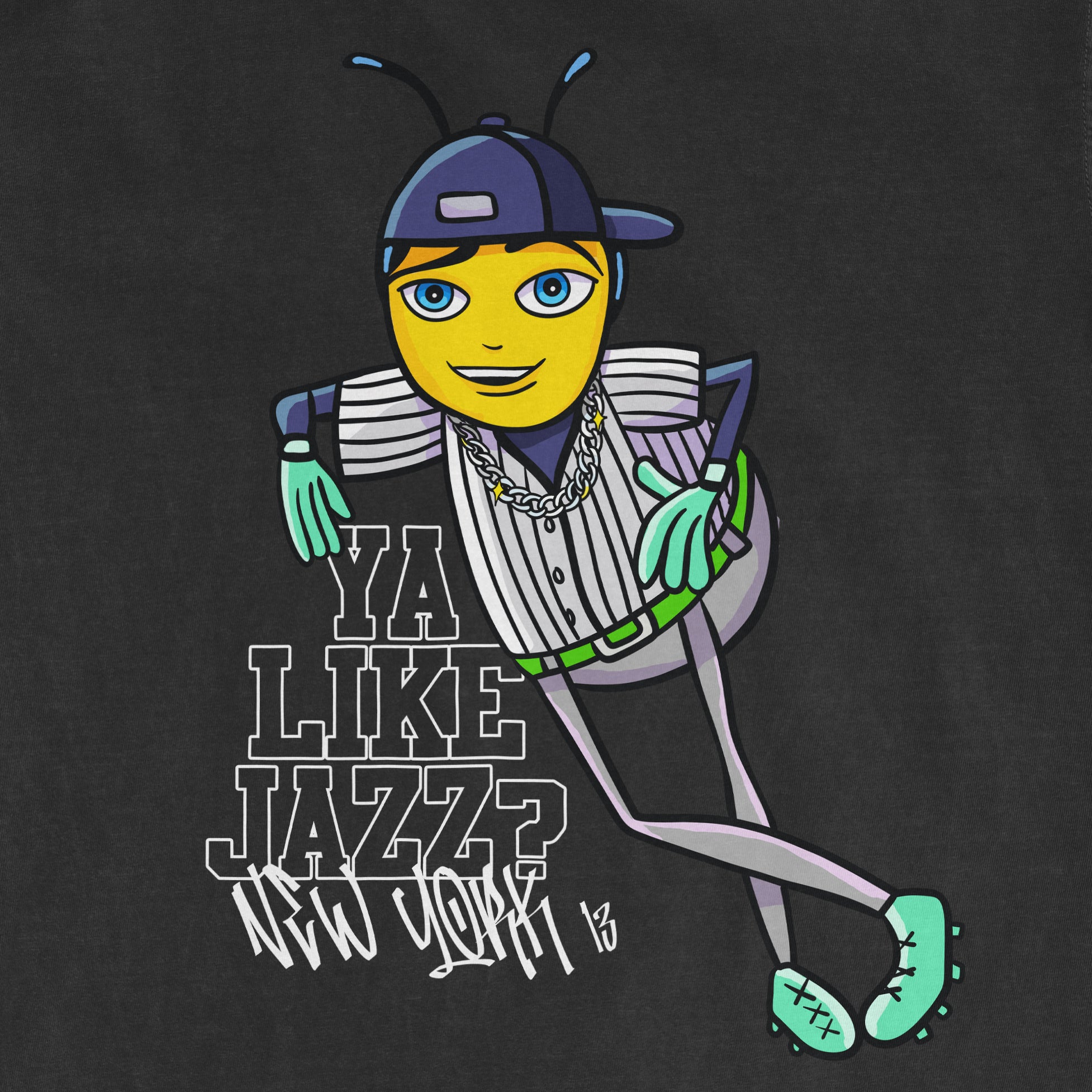 Cartoon character with blue eyes, wearing a baseball cap, striped shirt, and chains, leaning casually with text "YA LIKE JAZZ?" and "NEW YORK 13".