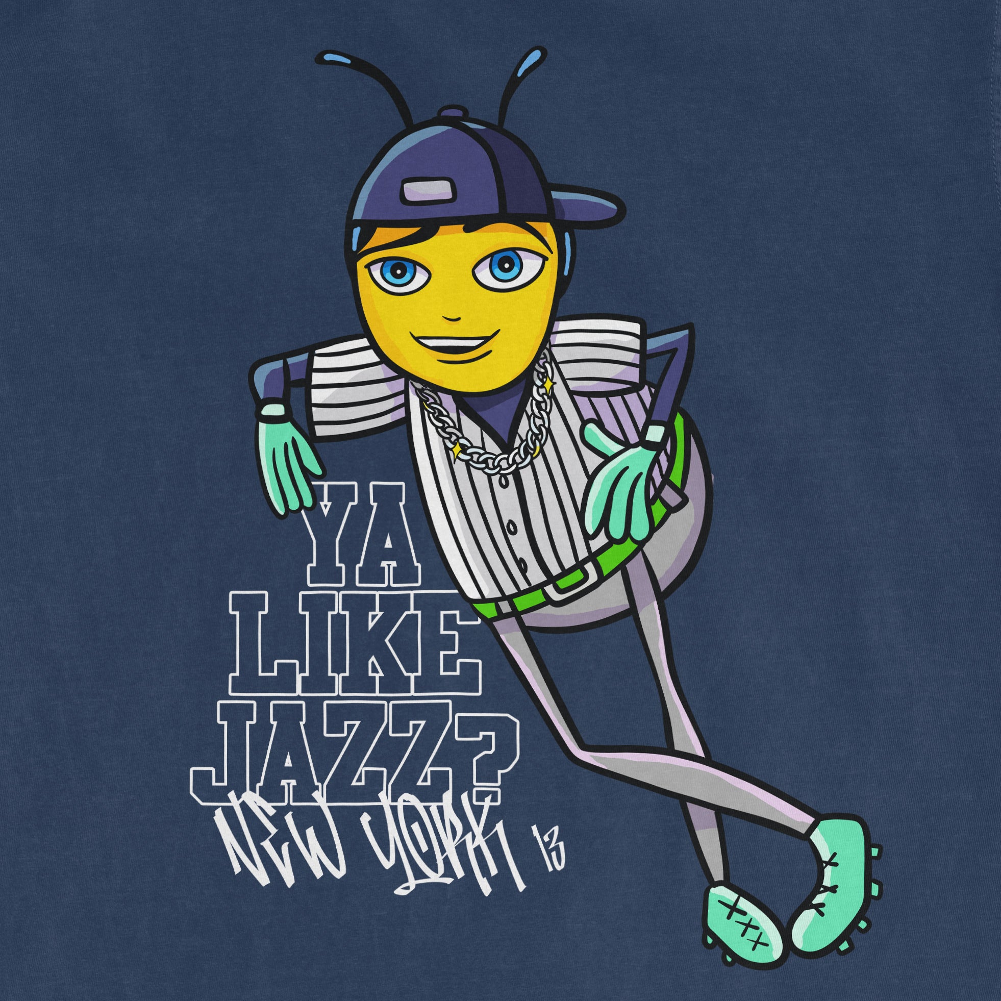 Cartoon character with a yellow face, wearing a baseball cap, striped shirt, chains, and sneakers, posing with text "YA LIKE JAZZ?" in New York style.