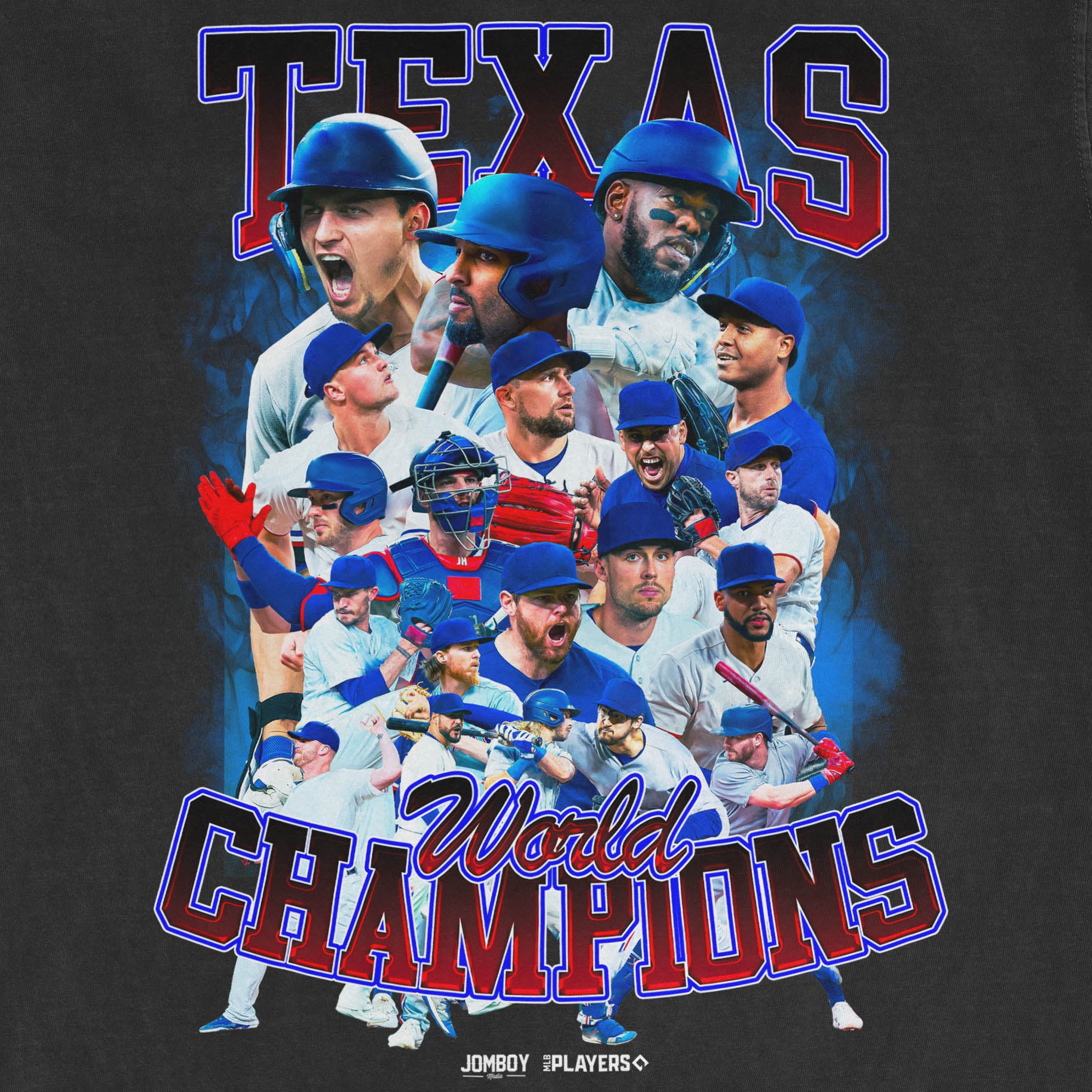 Collage of baseball players celebrating, with bold "Texas" and "World Champions" text, on a Comfort Colors tee.