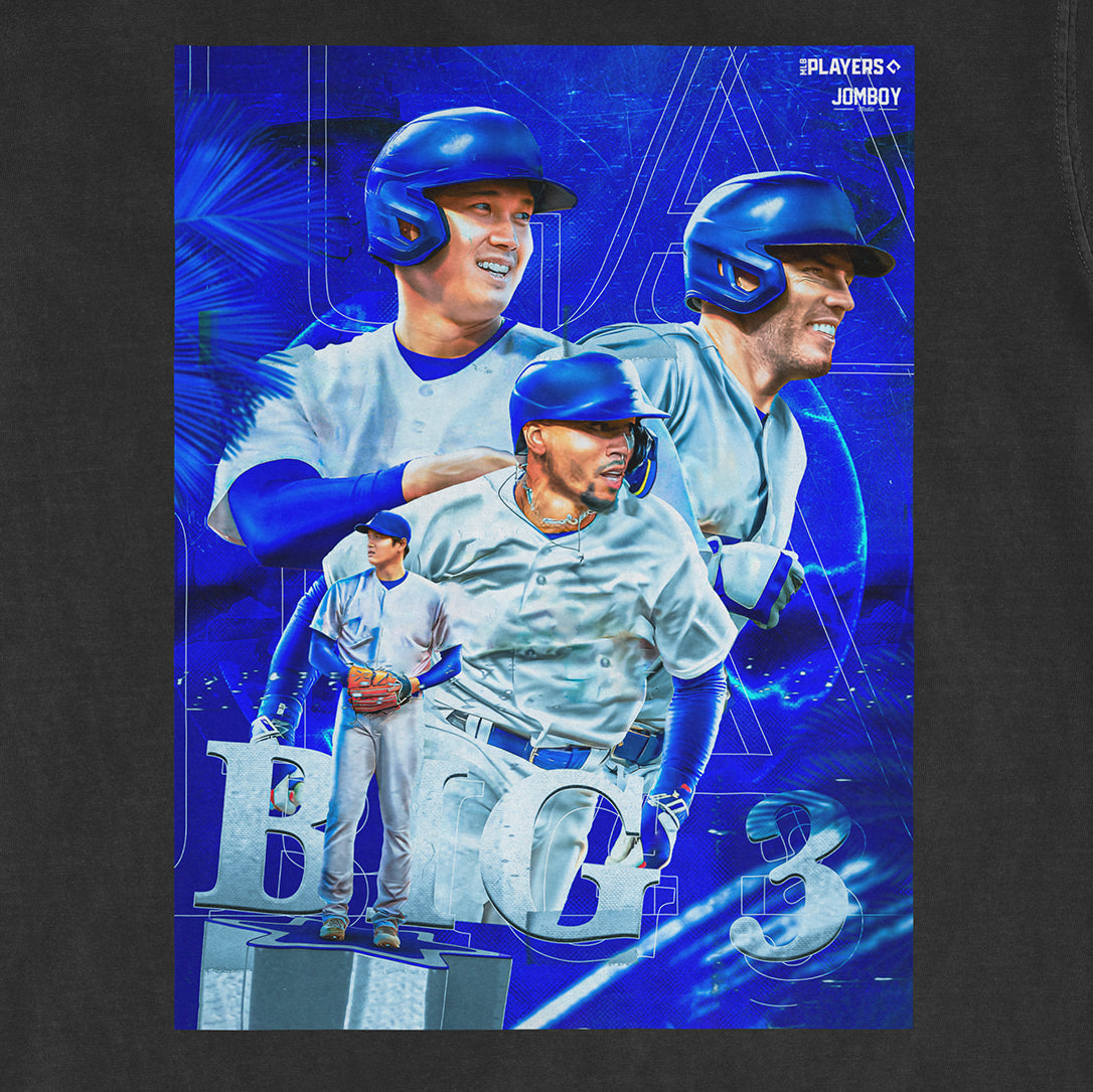 Colorful graphic design of three baseball players in blue helmets and uniforms, with "Big 3" text and Los Angeles Big 3 logo.