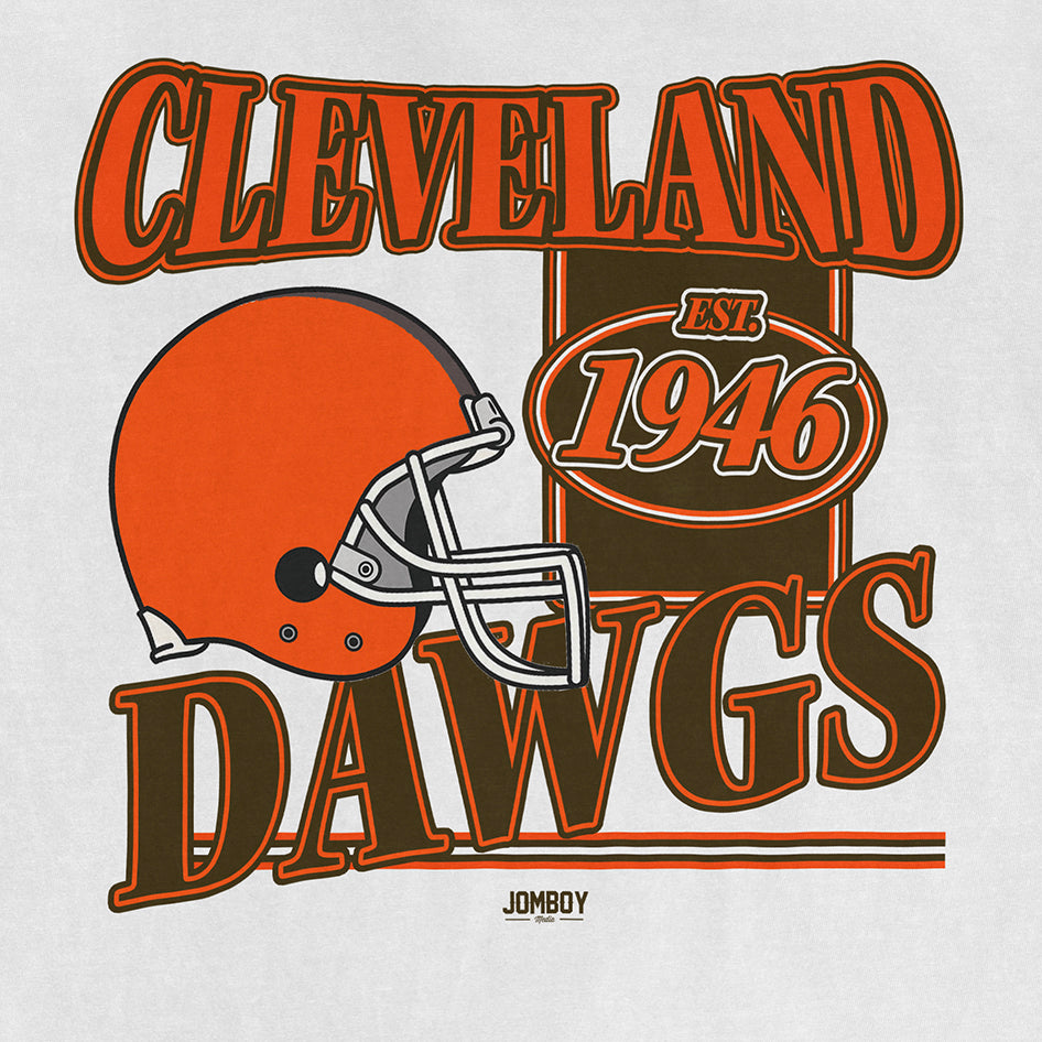 Graphic design featuring a vintage Cleveland Dawgs football helmet, bold orange and black text, and "EST. 1946" in a circular badge.