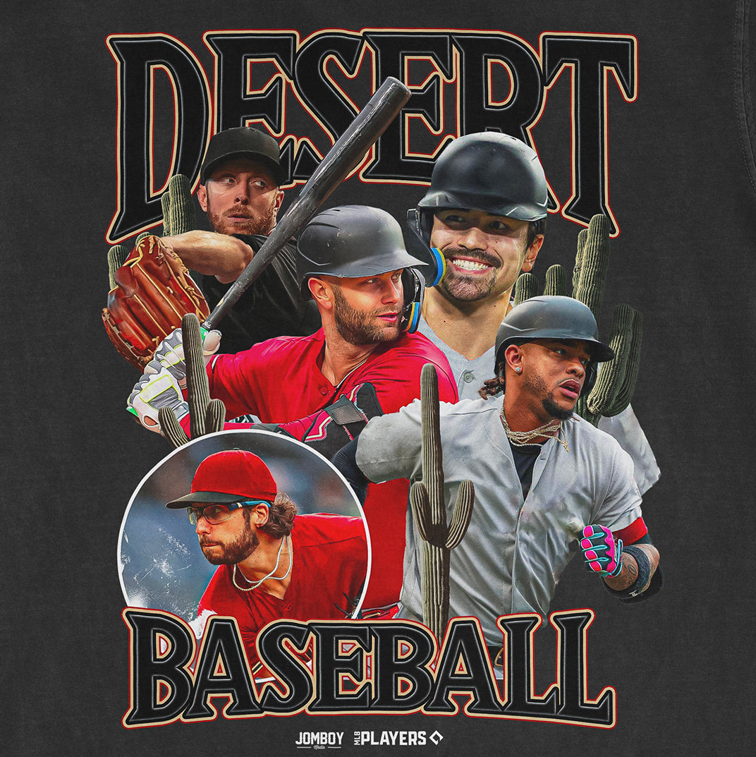 Comfort Colors tee featuring a desert-themed baseball design with multiple players, cacti, and bold "Desert Baseball" text.