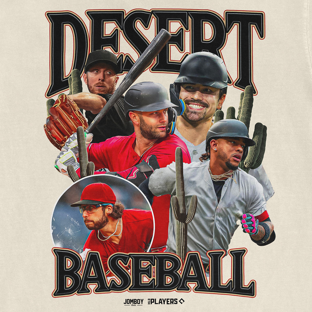 Comfort Colors tee featuring a desert-themed baseball design with players, cacti, and bold "Desert Baseball" text.