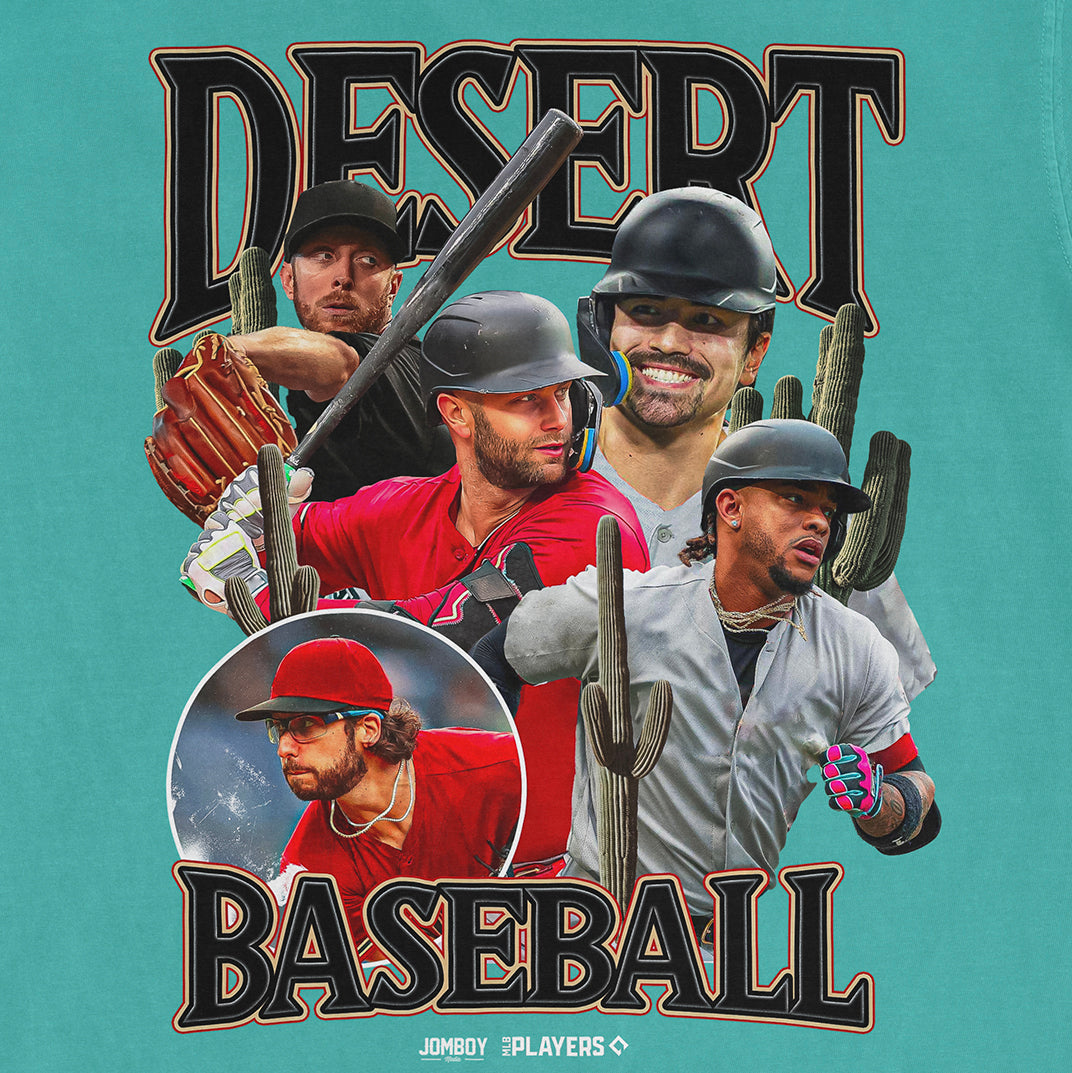 Colorful graphic tee featuring baseball players in helmets and gear, with desert cacti and "Desert Baseball" text.
