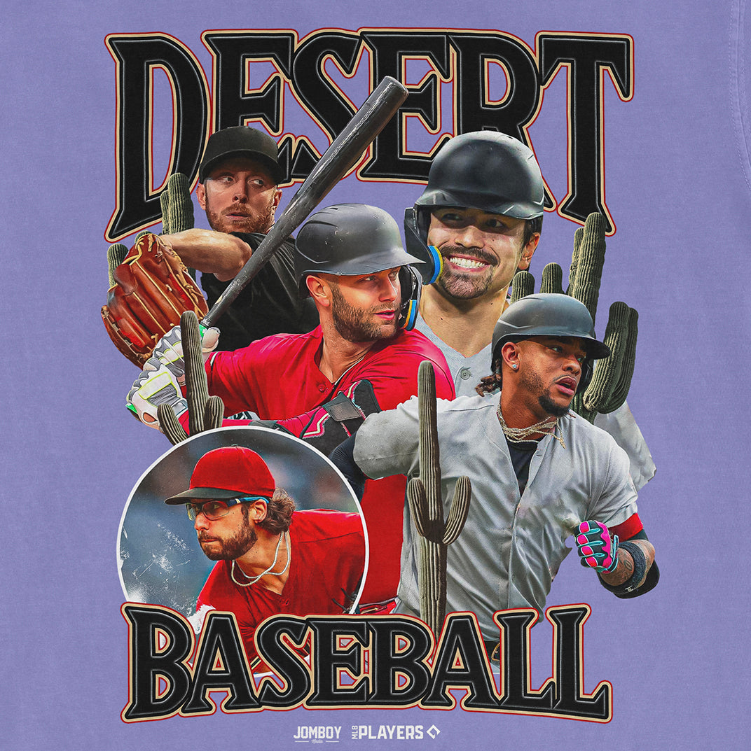 Colorful graphic of baseball players in helmets and gear, with desert cacti and "Desert Baseball" text on a Comfort Colors tee.