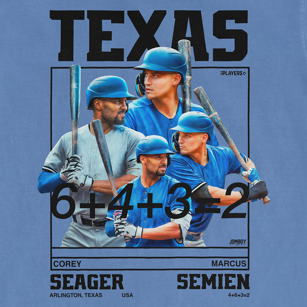 Baseball graphic featuring Seager and Semien in blue uniforms with helmets, over a Texas background, with mathematical equations.