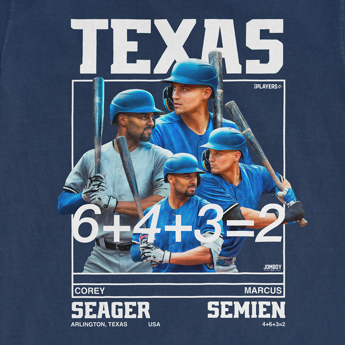 Group of four baseball players in blue uniforms and helmets, with "Seager + Semien" and math equations on a dark background.